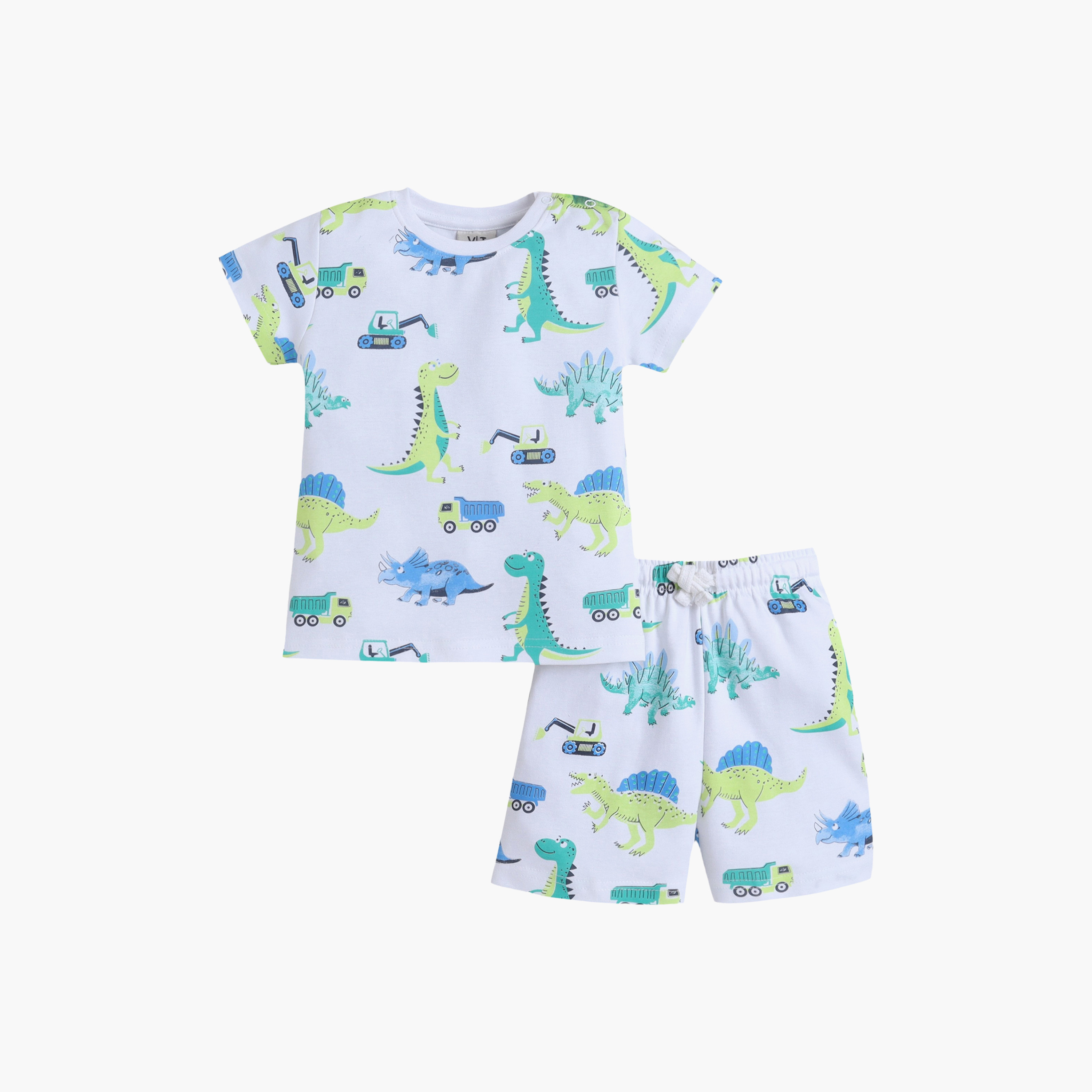 طقم تي شيرت قطني وشورت بطبعة ديناصور من فيكتور آند جين-boys-clothing-setsandcoords-image-1