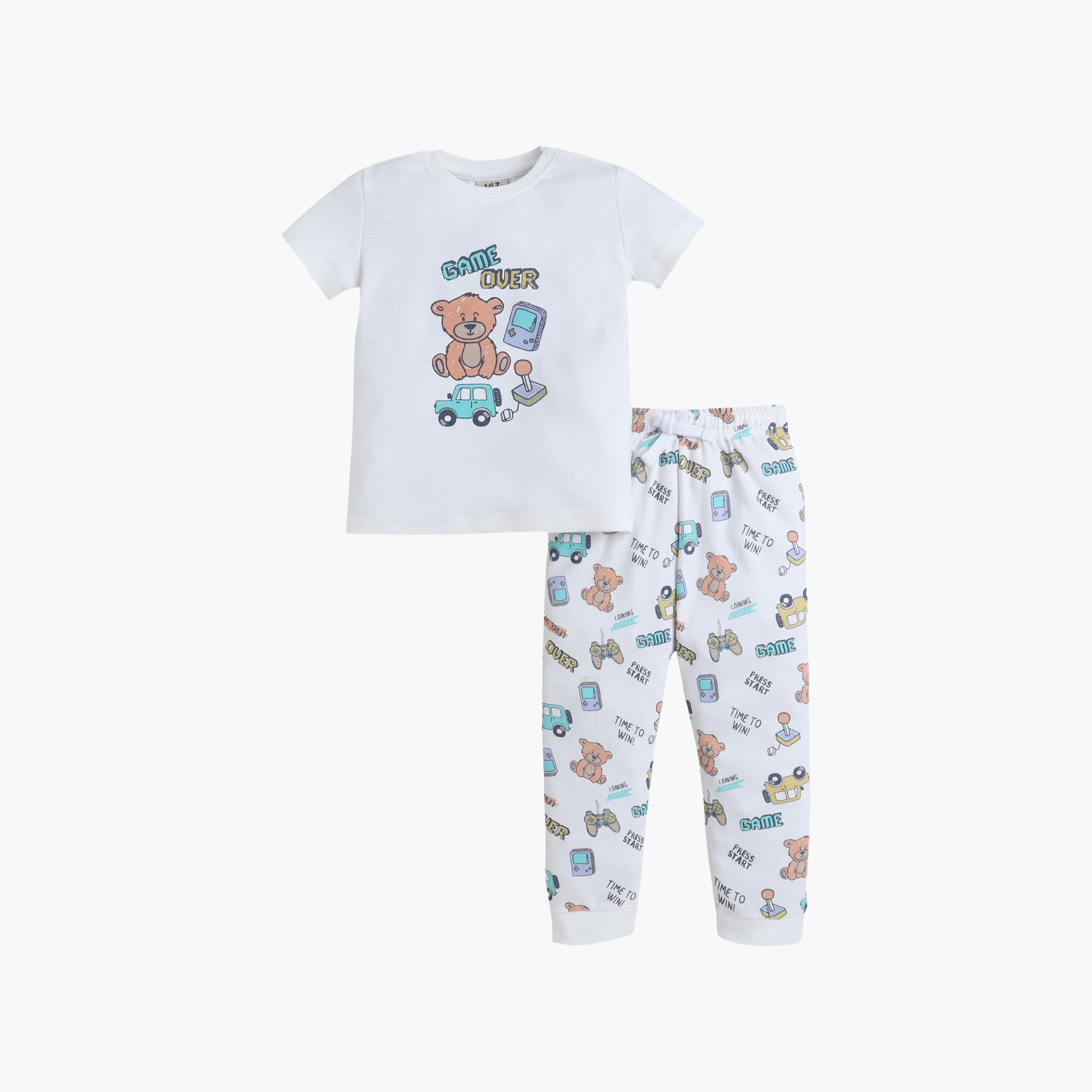 Victor and Jane Teddy Bear Printed Cotton T-Shirt & Pajama Set-baby-boys-clothing-nightwear-pyjamasets-image-1