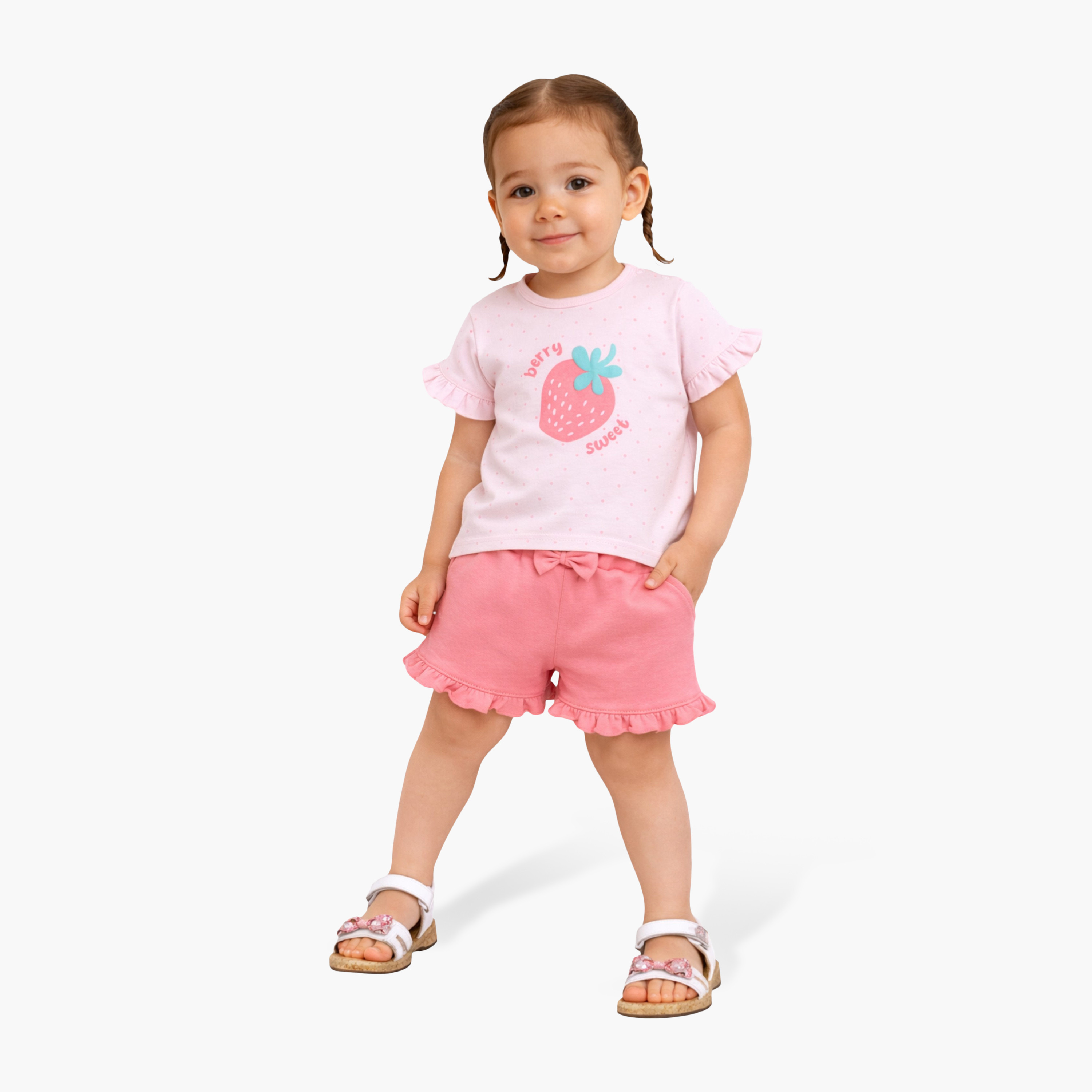 طقم بلوزة بأكمام نصفية بطبعة ستروبري وشورت بكسرات رافل من فيكتور أند جين-baby-girls-clothing-setsandcoords-image-1