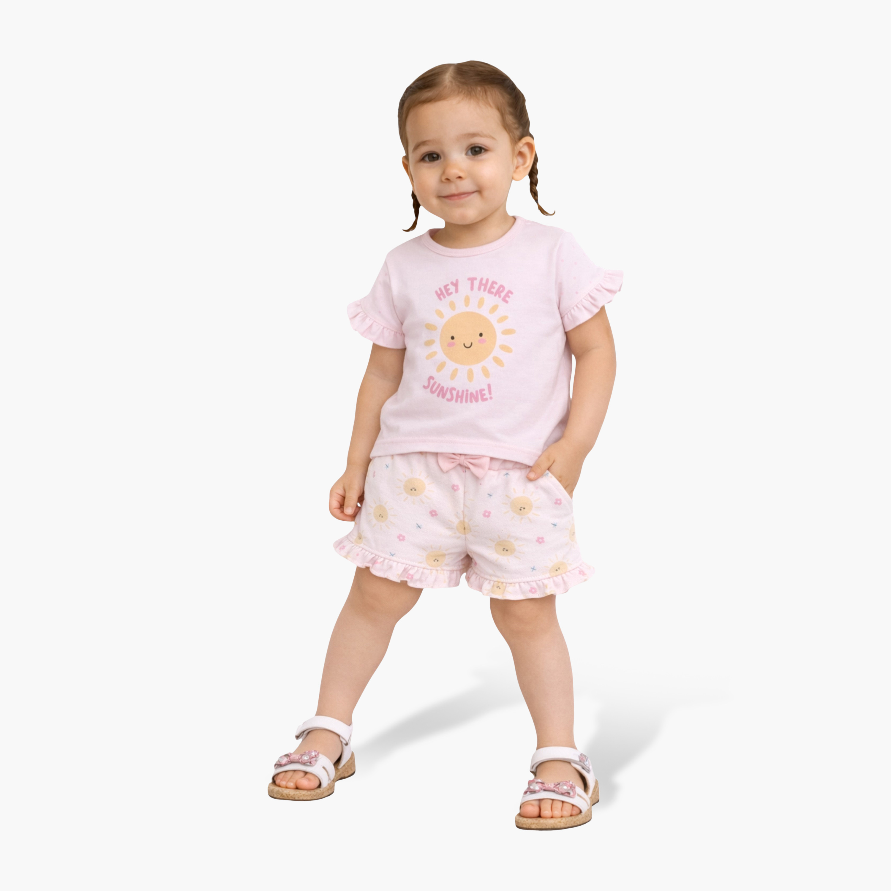 Victor and Jane Half Sleeves Sunshine Slogan Printed Top & Floral Ruffle Shorts Set-baby-girls-clothing-setsandcoords-image-1