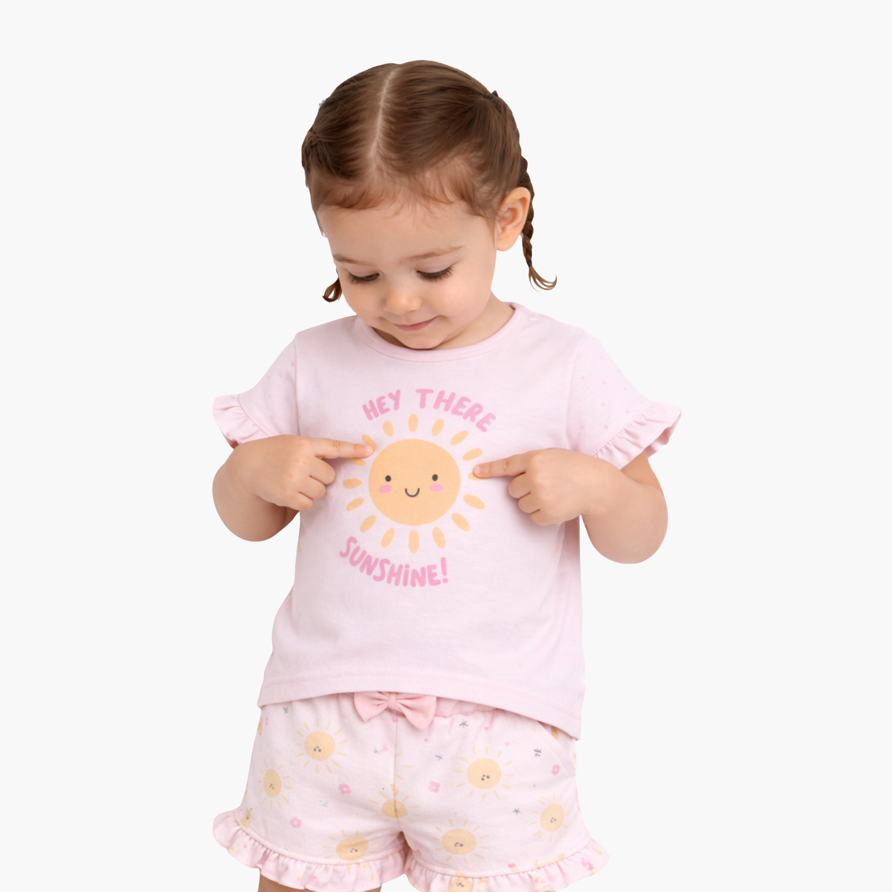 Victor and Jane Half Sleeves Sunshine Slogan Printed Top & Floral Ruffle Shorts Set-baby-girls-clothing-setsandcoords-image-2