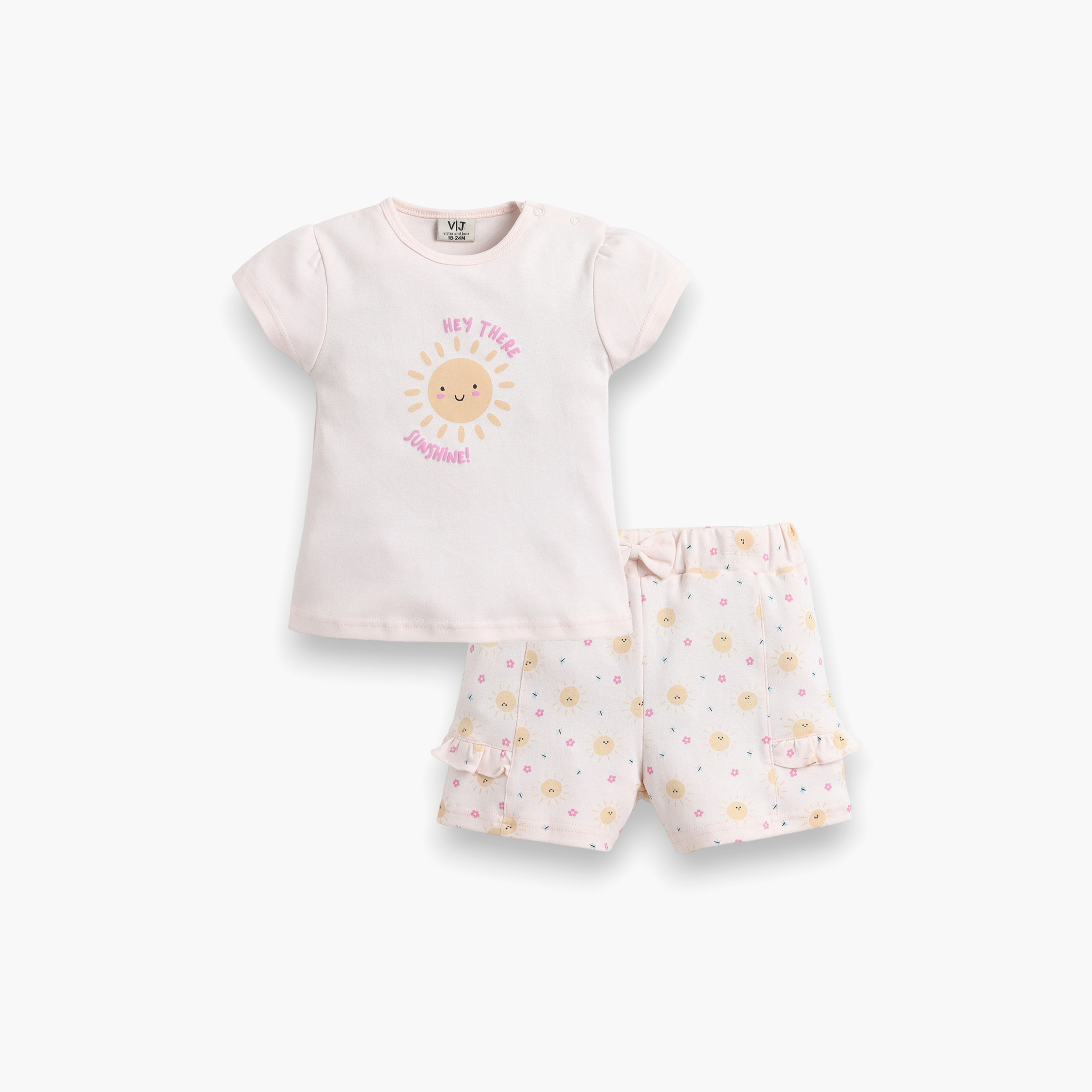 Victor and Jane Half Sleeves Sunshine Slogan Printed Top & Floral Ruffle Shorts Set-baby-girls-clothing-setsandcoords-image-3