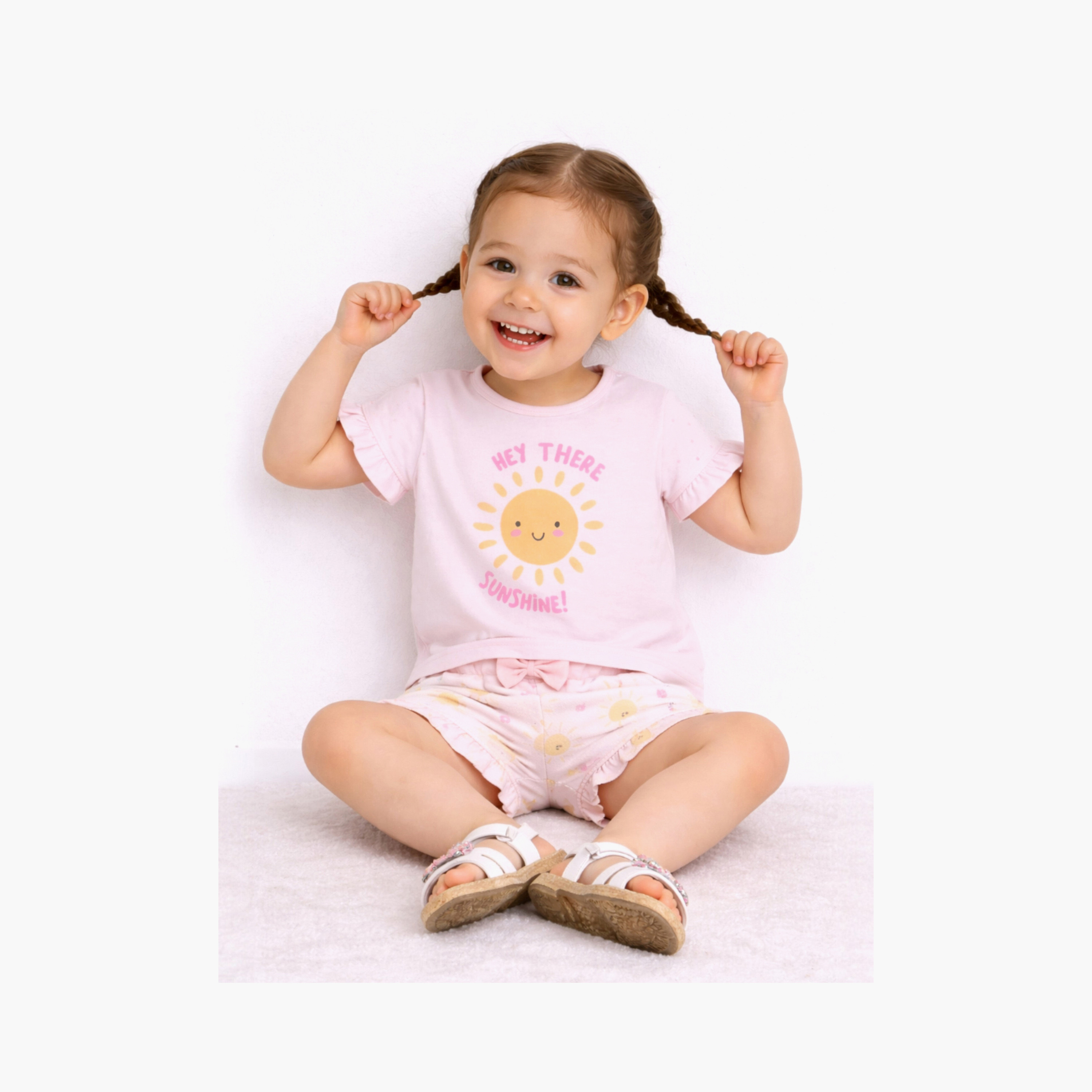 Victor and Jane Half Sleeves Sunshine Slogan Printed Top & Floral Ruffle Shorts Set-baby-girls-clothing-setsandcoords-image-6