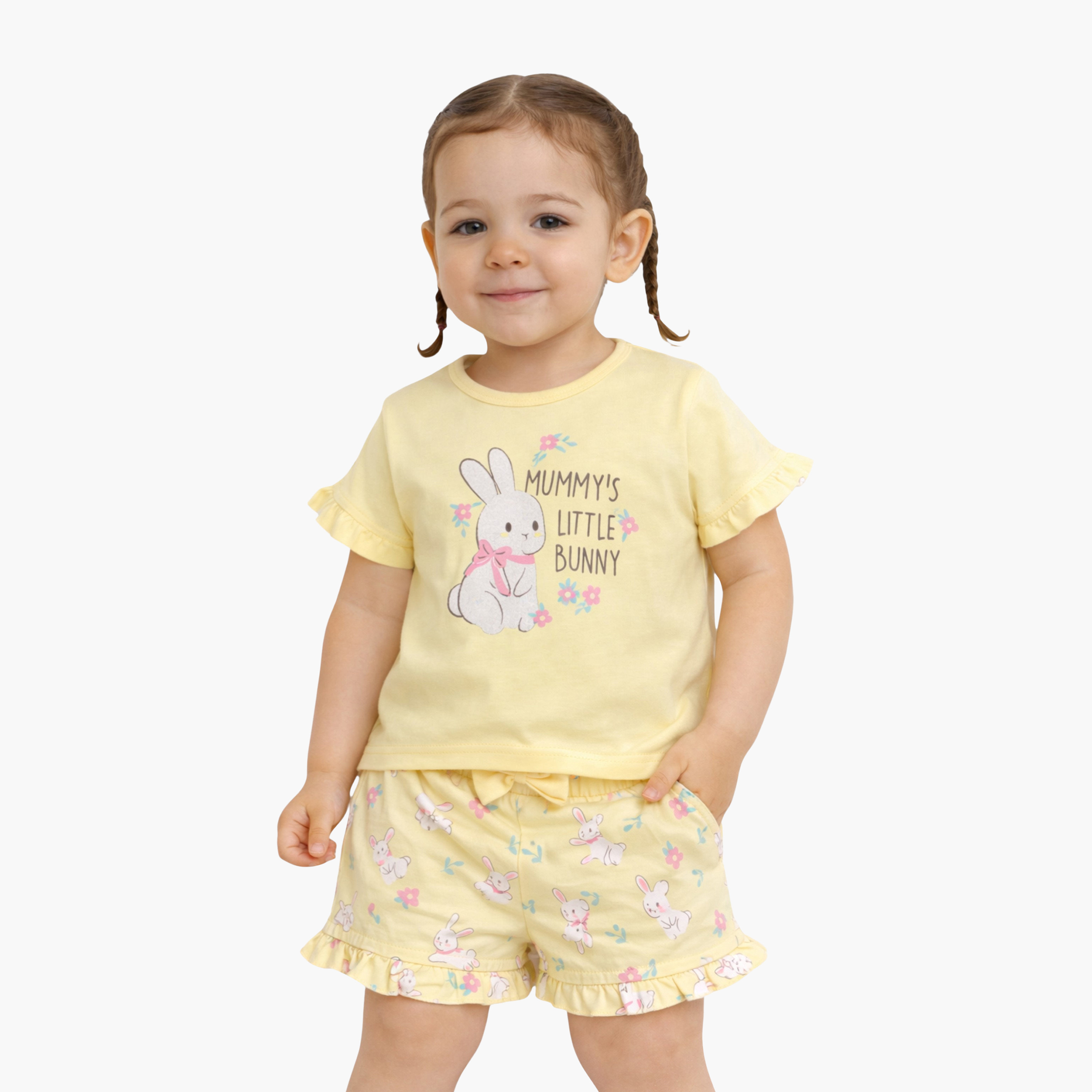Victor and Jane Half Sleeves Bunny Graphic Printed Top & Floral Ruffle Shorts Set-baby-girls-clothing-setsandcoords-image-1