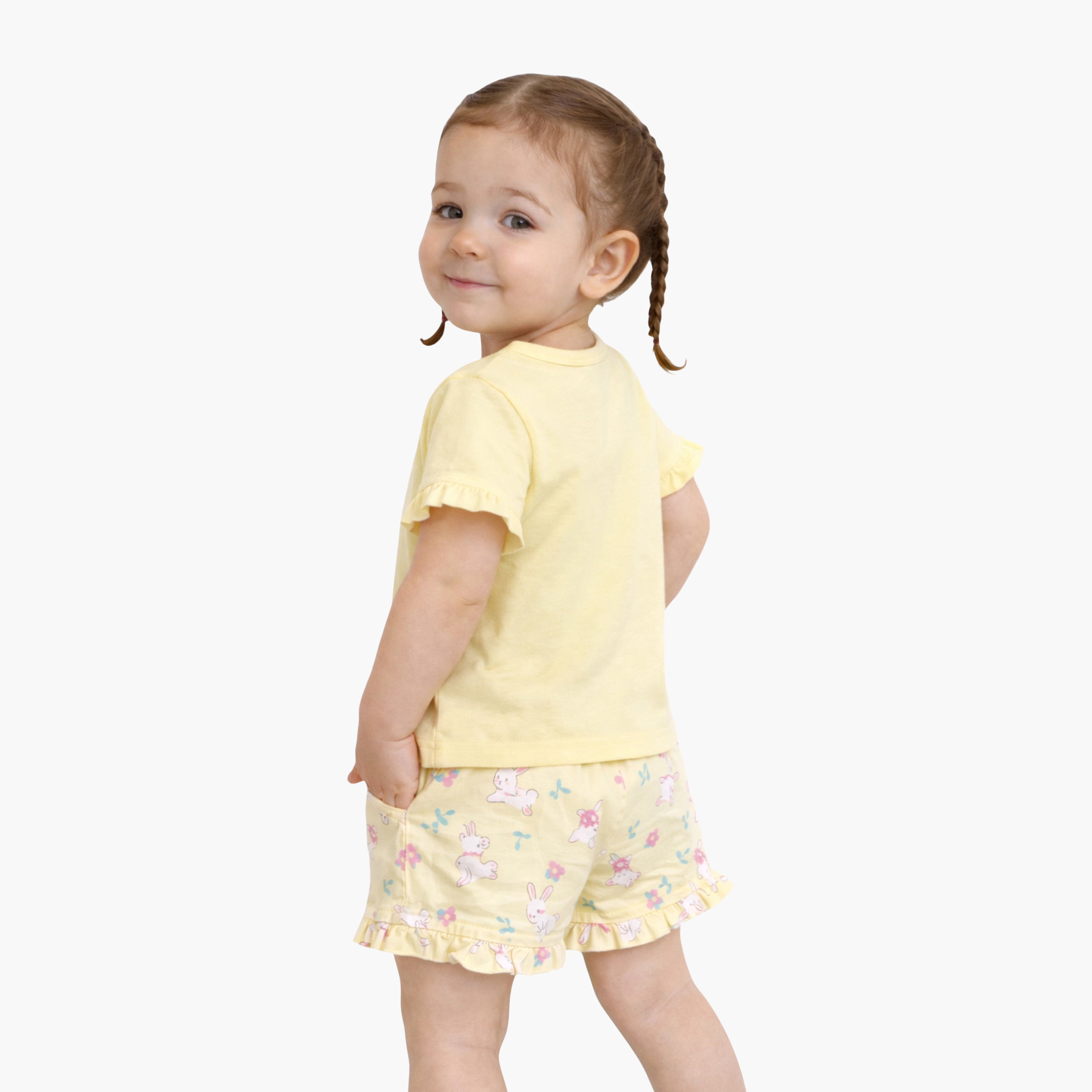 Victor and Jane Half Sleeves Bunny Graphic Printed Top & Floral Ruffle Shorts Set-baby-girls-clothing-setsandcoords-image-2