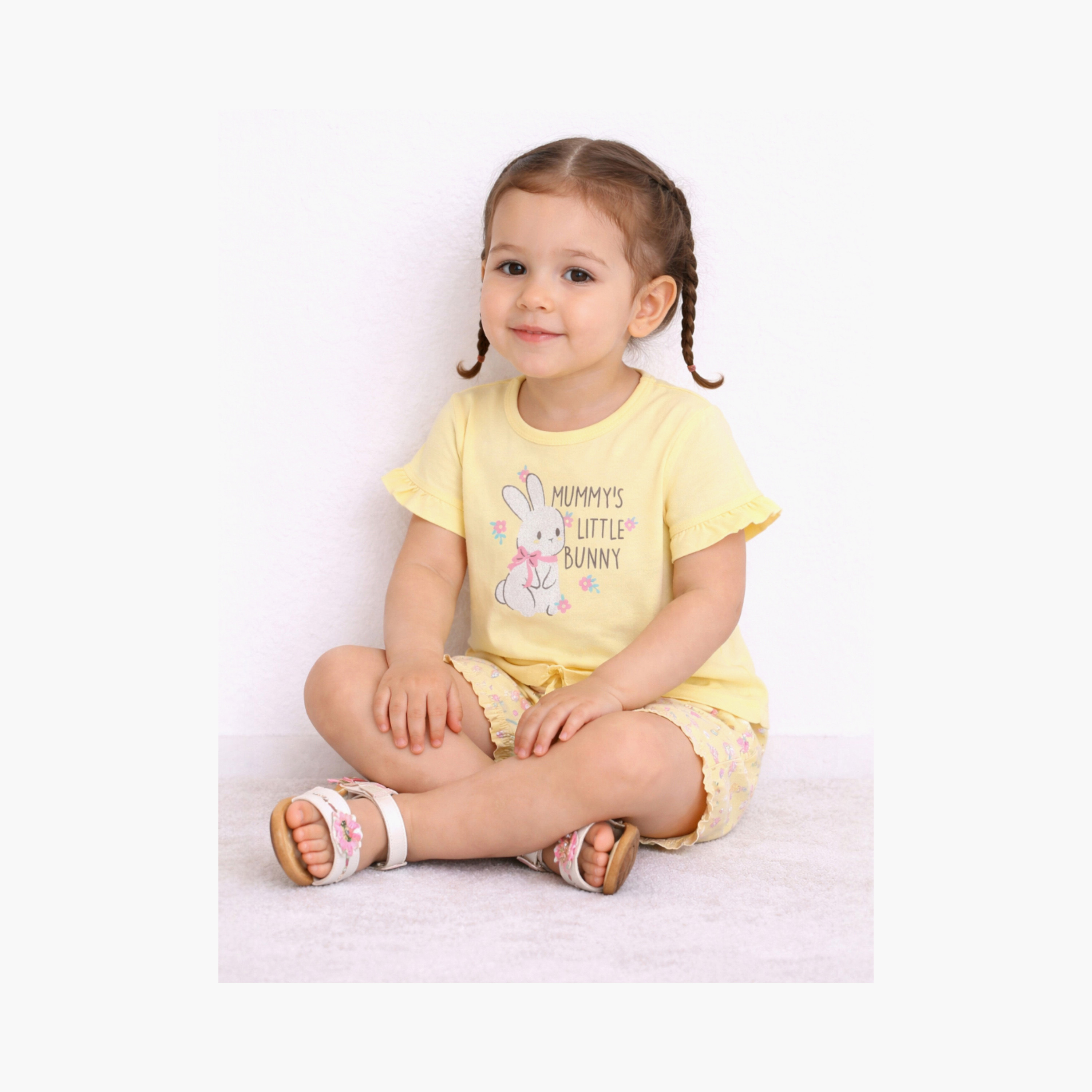 Victor and Jane Half Sleeves Bunny Graphic Printed Top & Floral Ruffle Shorts Set-baby-girls-clothing-setsandcoords-image-6