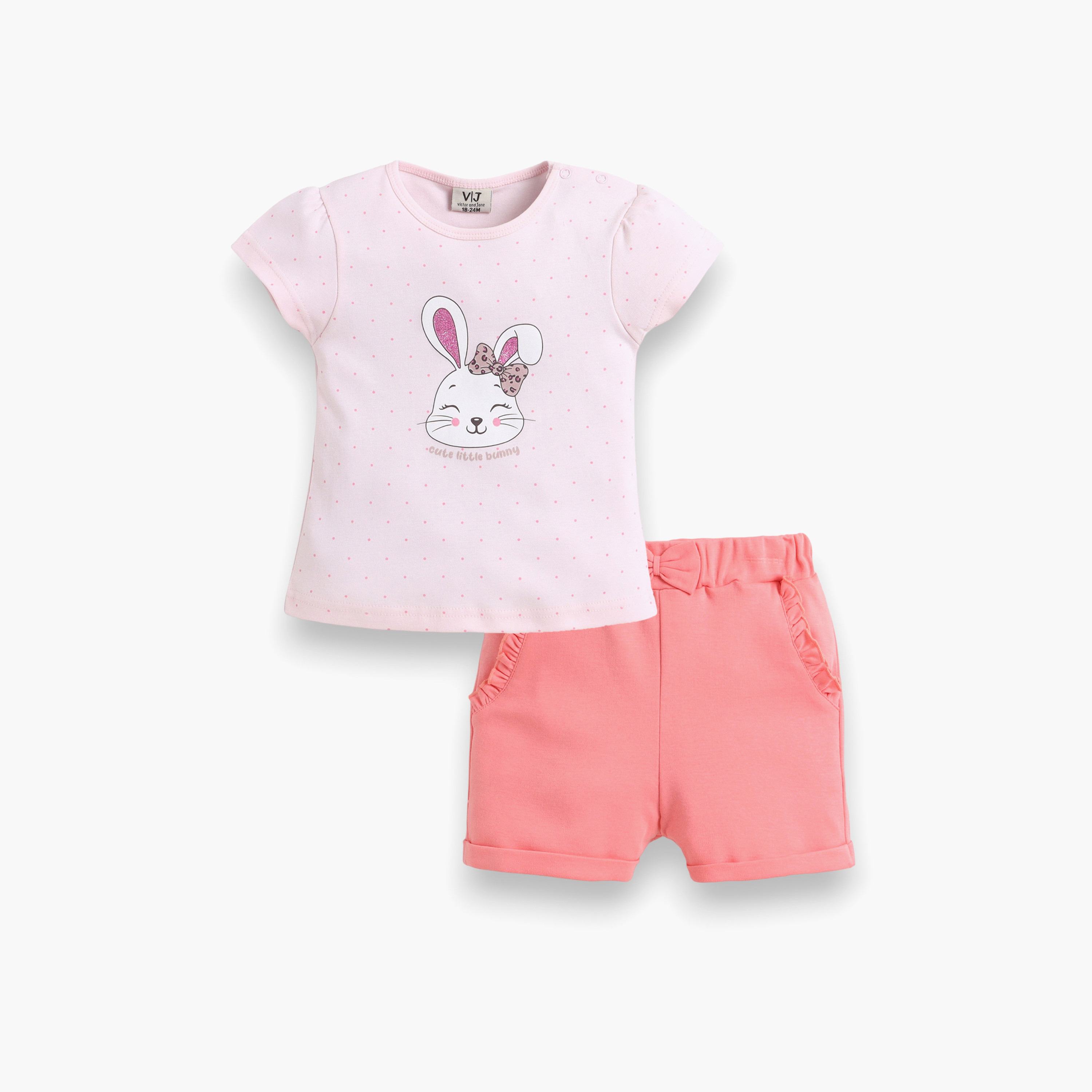 Victor and Jane Half Sleeves Bunny Face Printed Top & Bow Detail Shorts Set-baby-girls-clothing-setsandcoords-image-1