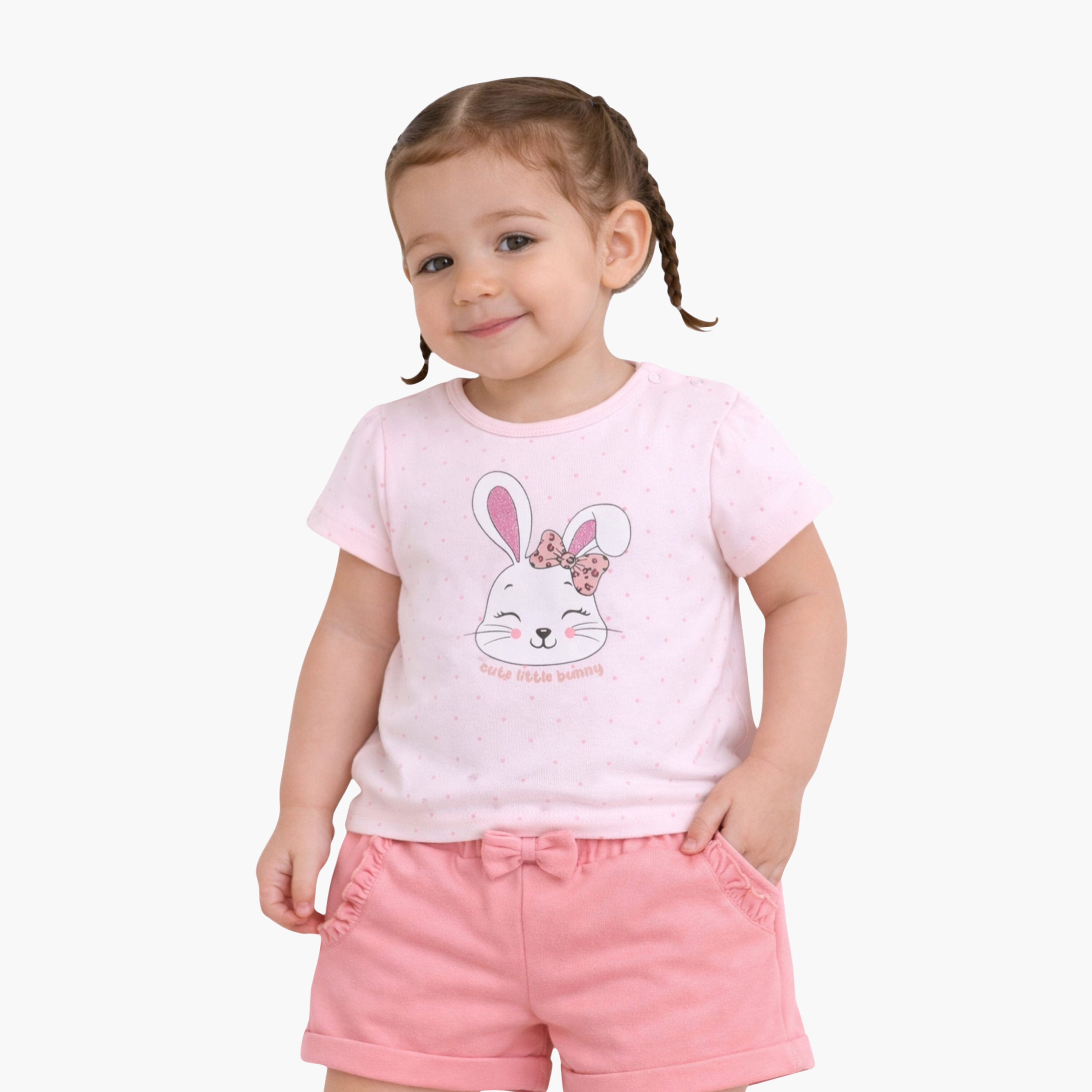 Victor and Jane Half Sleeves Bunny Face Printed Top & Bow Detail Shorts Set-baby-girls-clothing-setsandcoords-image-2