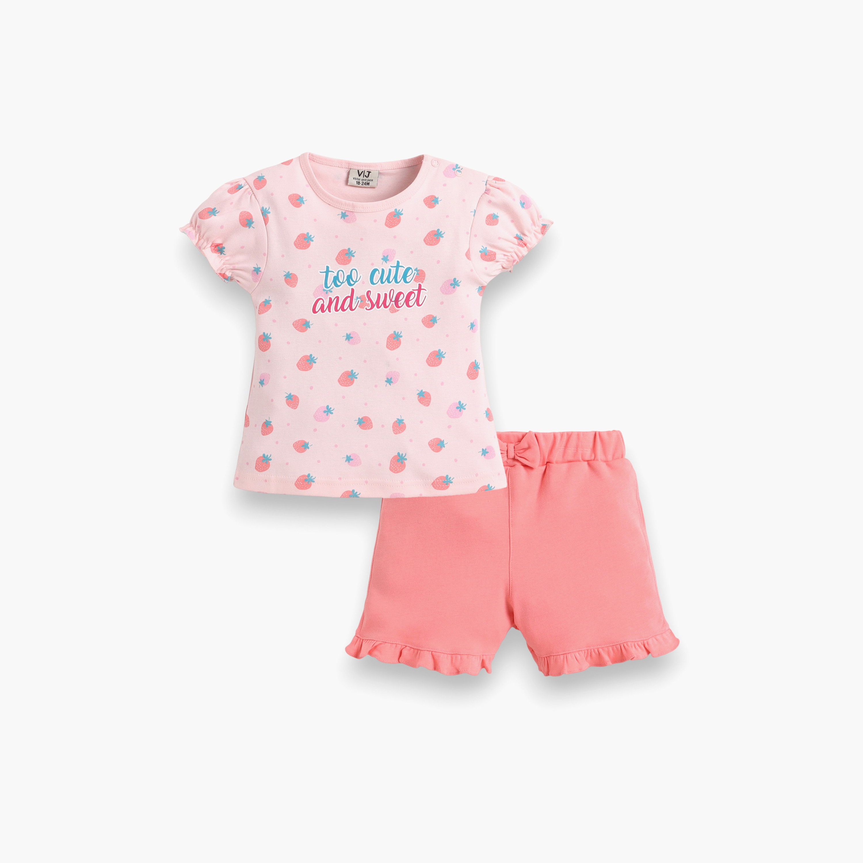 Victor and Jane Half Sleeves So Cute and Sweet Printed Puff Sleeve Top & Ruffle Shorts Set-baby-girls-clothing-setsandcoords-image-1