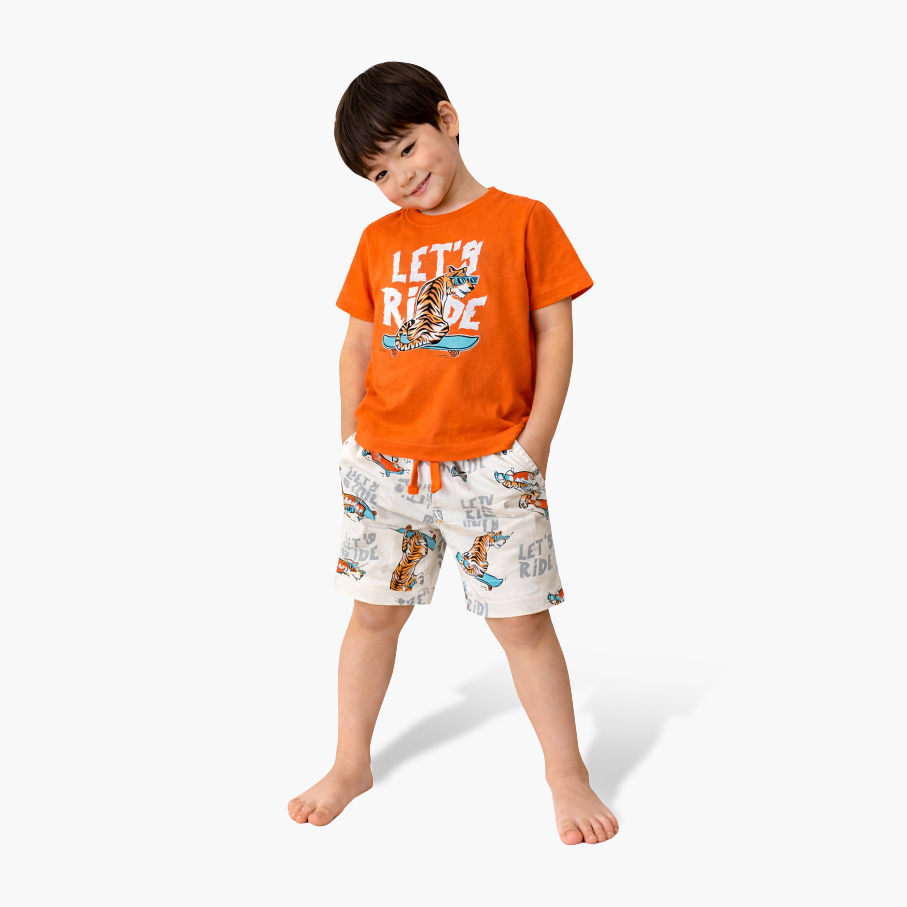 طقم تيشيرت قطن بأكمام نصفية بطبعة تايجر وشورت من فيكتور أند جين-boys-clothing-setsandcoords-image-1