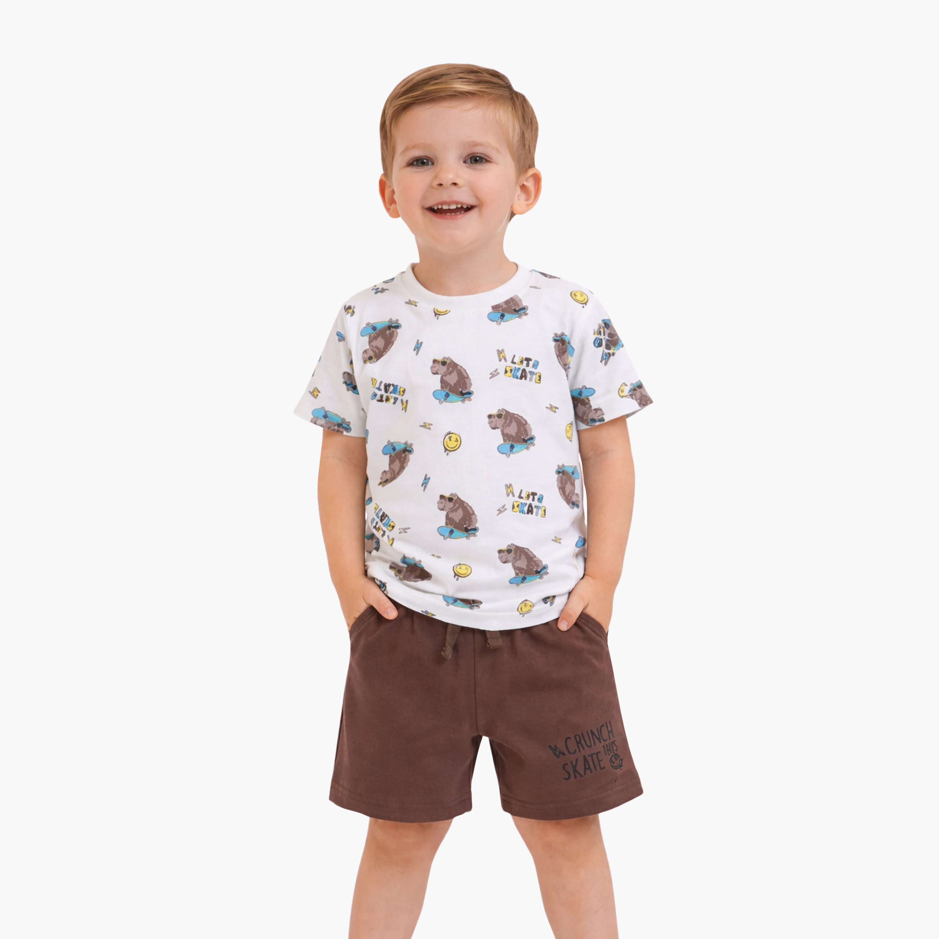 Victor and Jane Bear Skate Printed Cotton T-Shirt & Shorts Set-boys-clothing-setsandcoords-image-1
