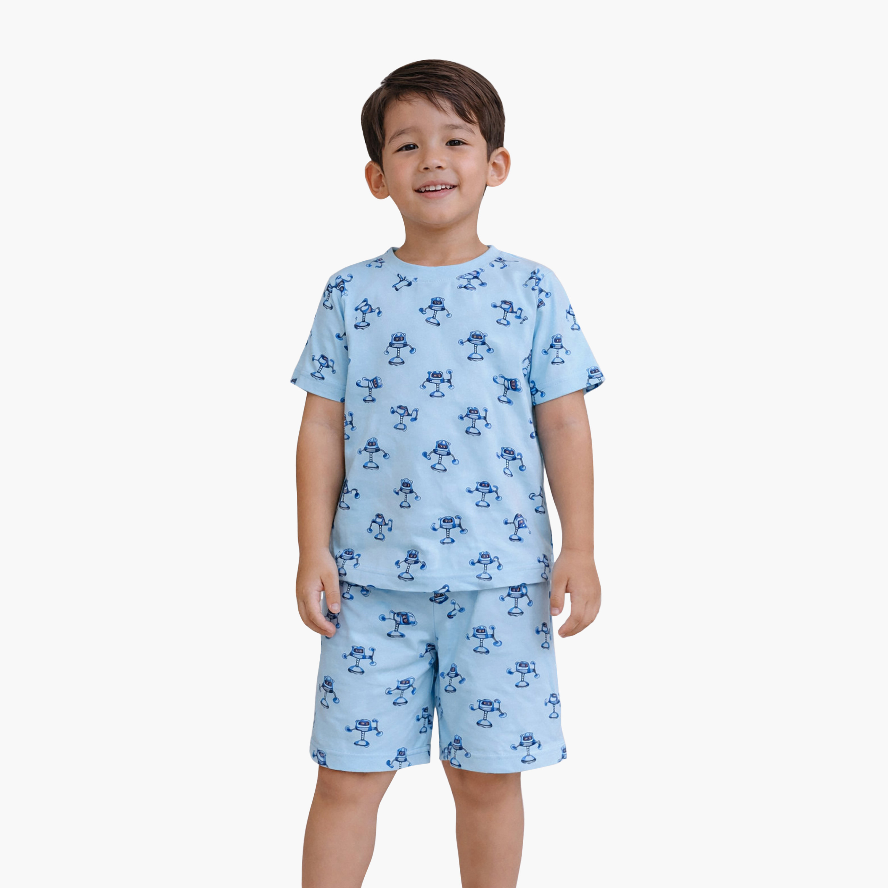 طقم تي شيرت قطني وشورت بطبعة روبوت من فيكتور آند جين-boys-clothing-setsandcoords-image-1