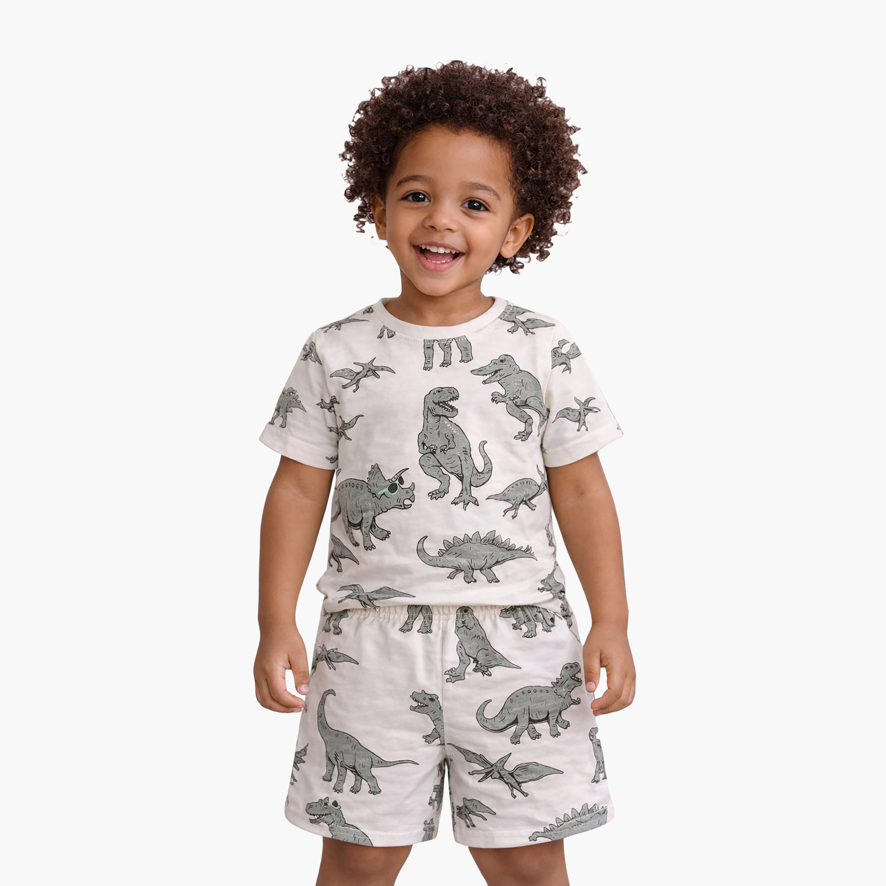 Victor and Jane Dinosaur Printed Cotton T-Shirt & Shorts Set-boys-clothing-setsandcoords-image-1