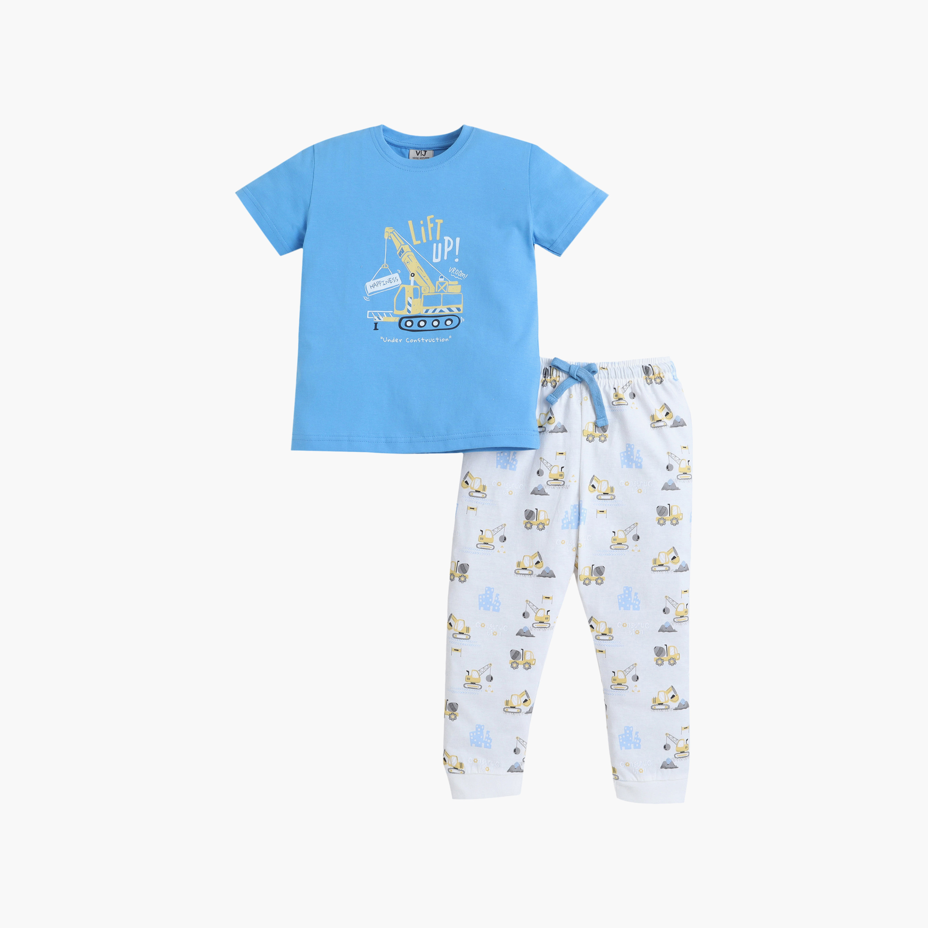 Victor and Jane Construction Printed Cotton T-Shirt & Pajama Set-baby-girls-clothing-nightwear-pyjamasets-image-1
