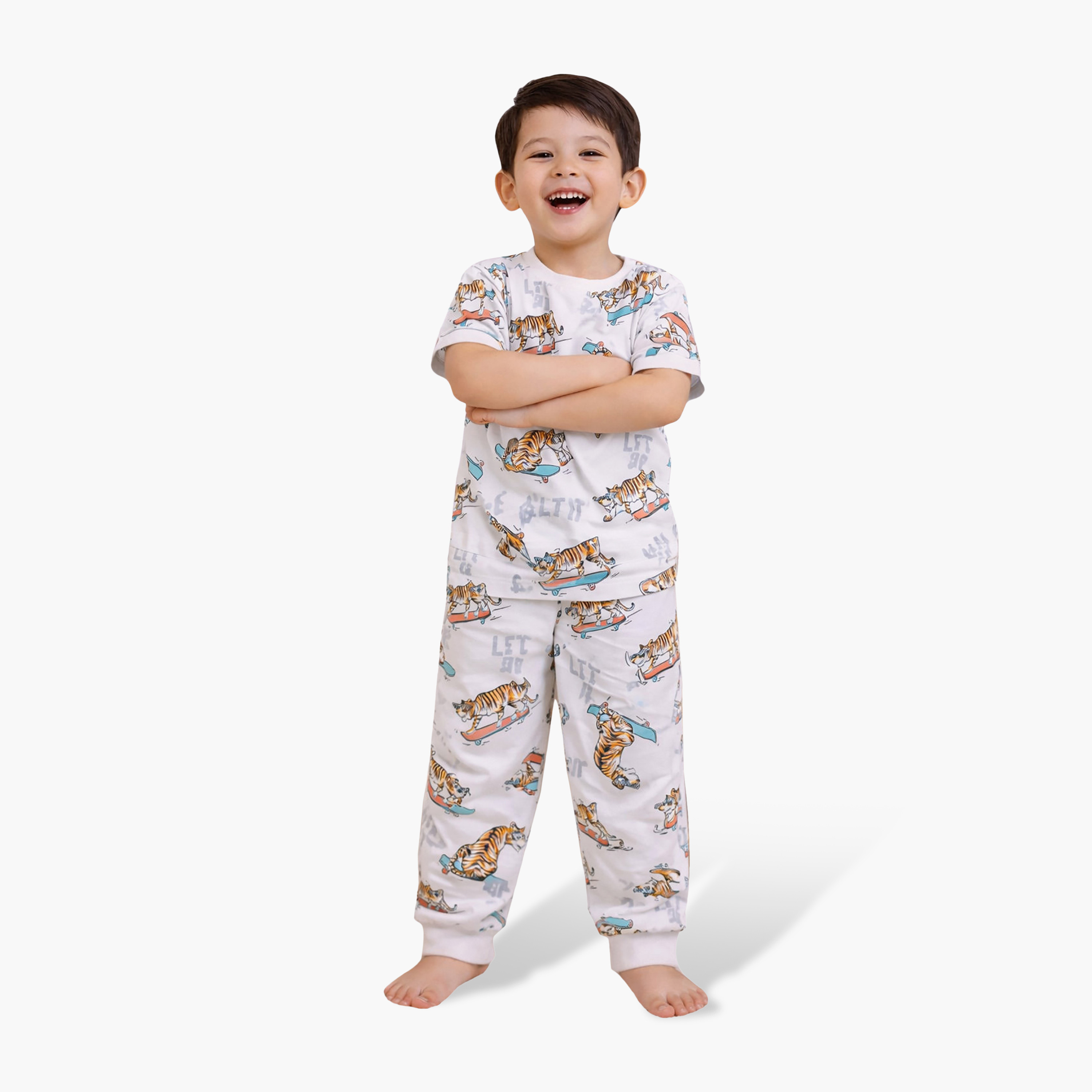 Victor and Jane Playful Animal Printed Cotton T-Shirt & Pajama Set-boys-clothing-nightwear-image-1