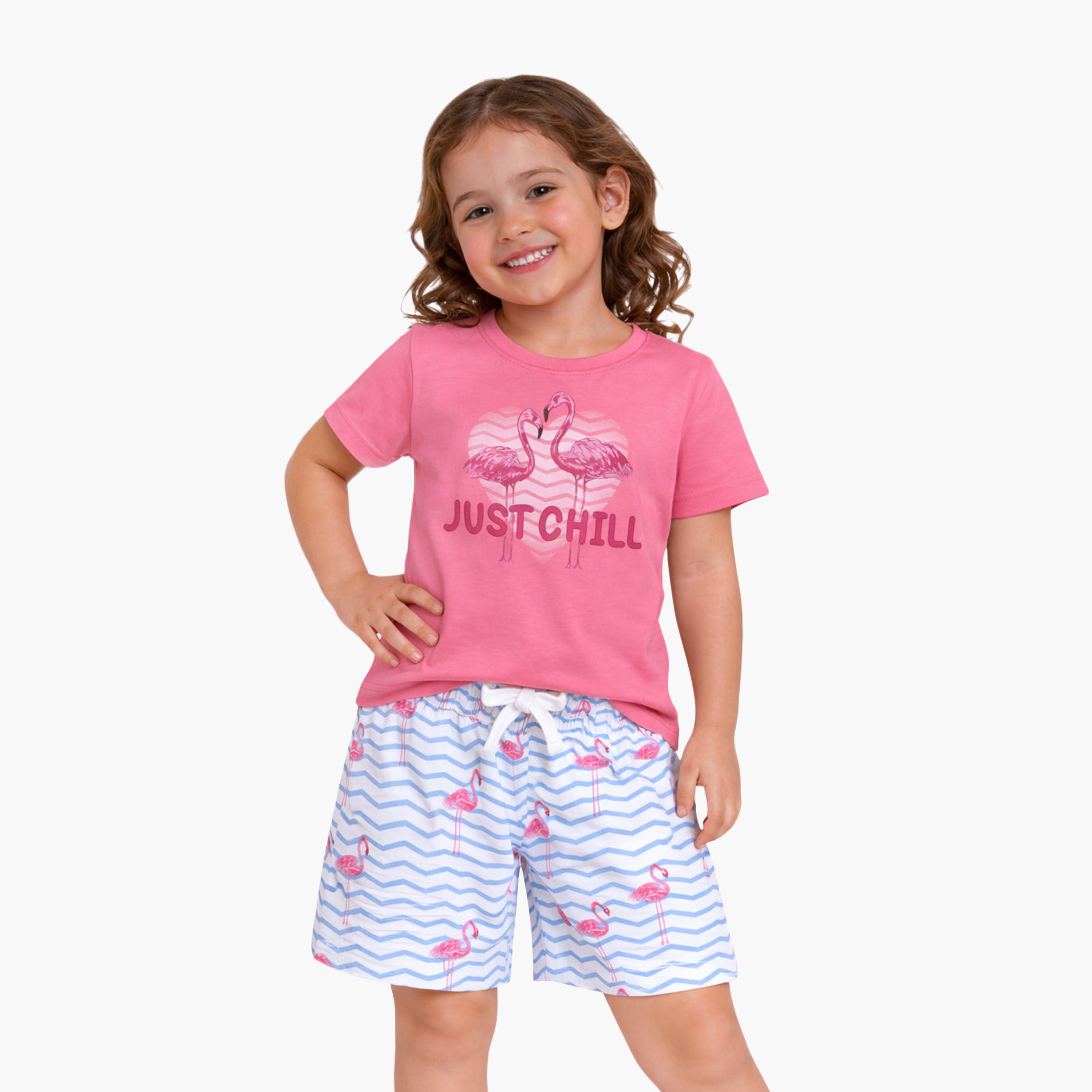 Victor and Jane Cotton Half Sleeves Flamingo Printed T-Shirt & Shorts Set-baby-girls-clothing-setsandcoords-image-1