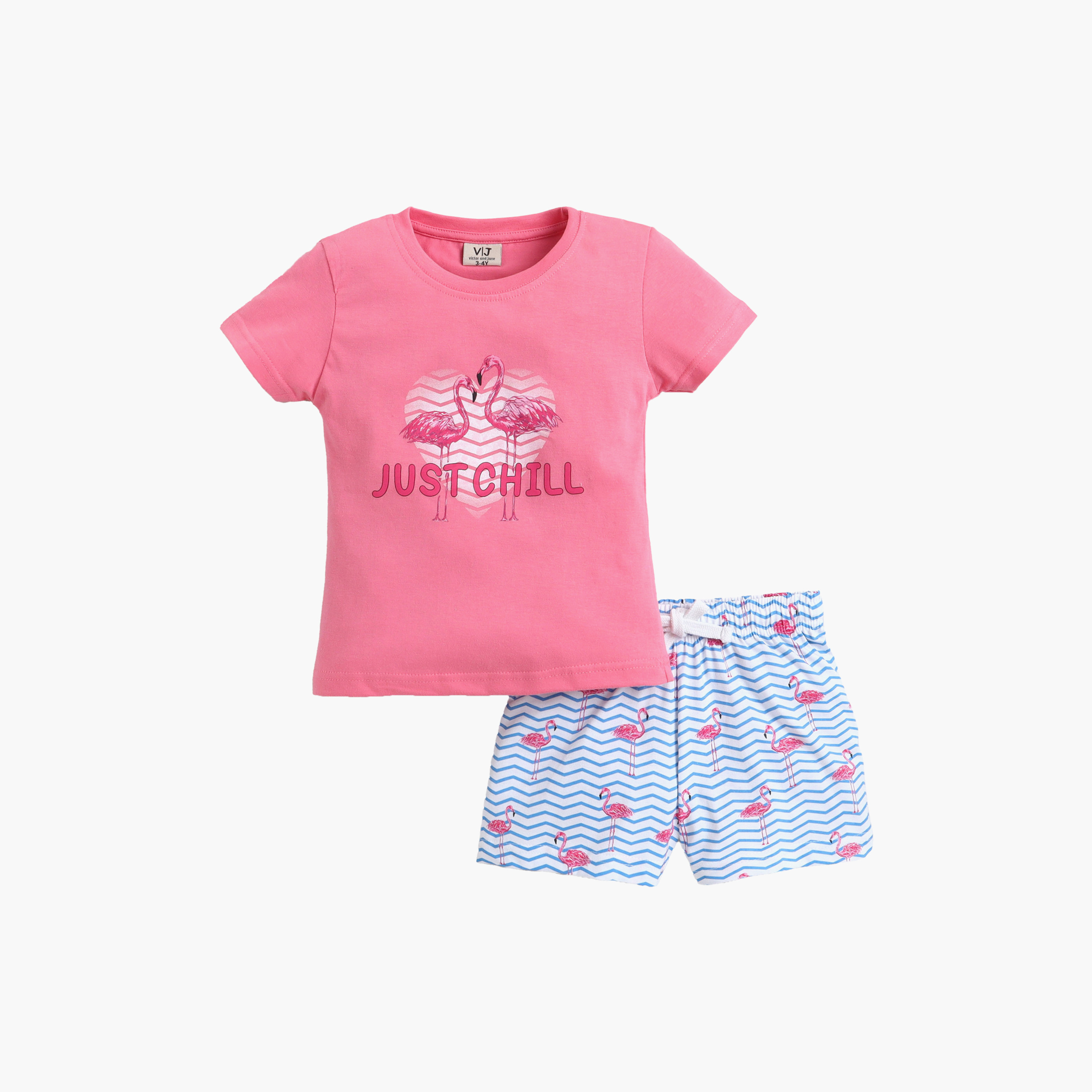 طقم تيشيرت قطن بأكمام نصفية بطبعة فلامينغو وشورت من فيكتور أند جين-baby-girls-clothing-setsandcoords-image-3