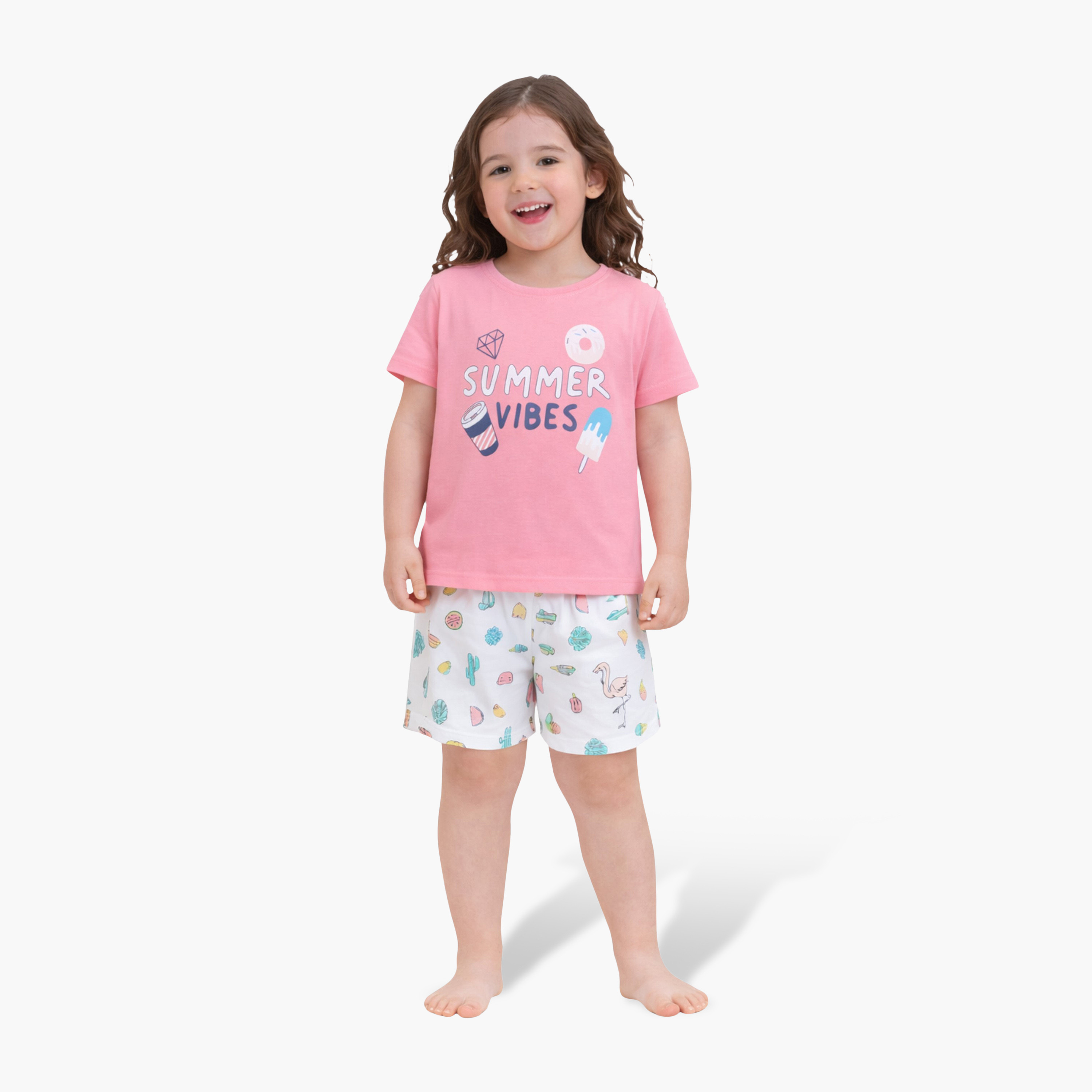 Victor and Jane Summer Vibes Printed Cotton T-Shirt & Shorts Set-baby-girls-clothing-nightwear-pyjamasets-image-1