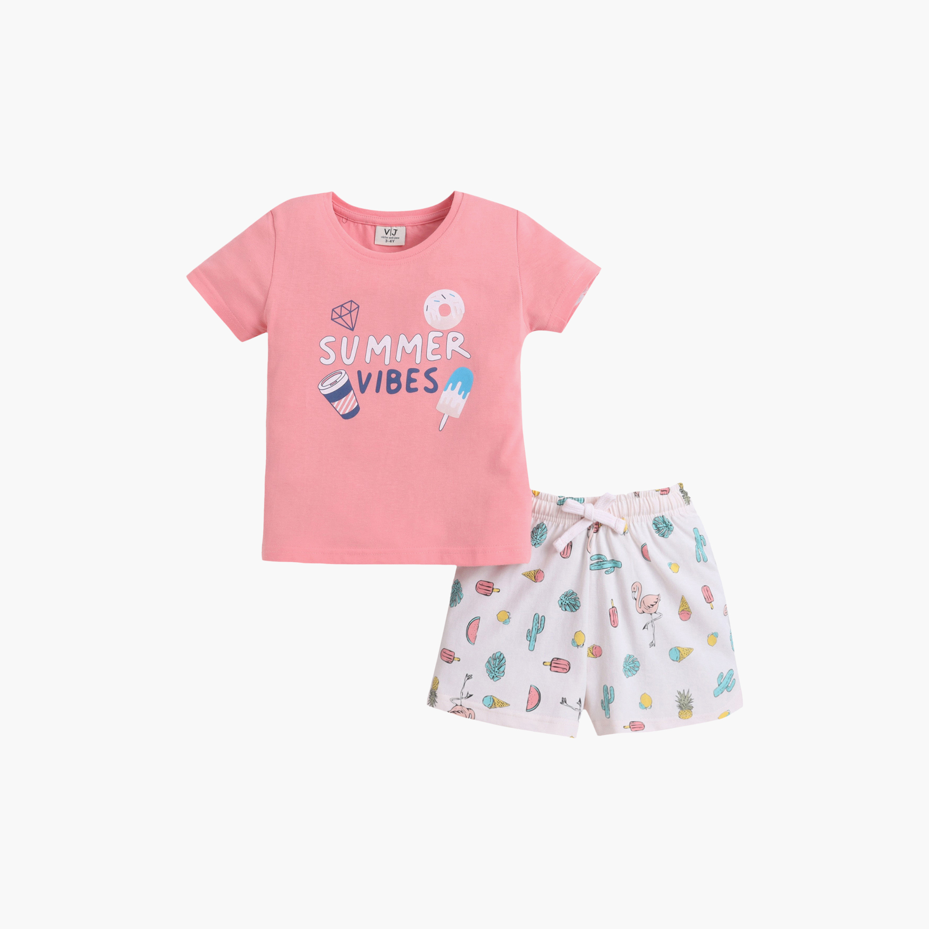 Victor and Jane Summer Vibes Printed Cotton T-Shirt & Shorts Set-baby-girls-clothing-nightwear-pyjamasets-image-2