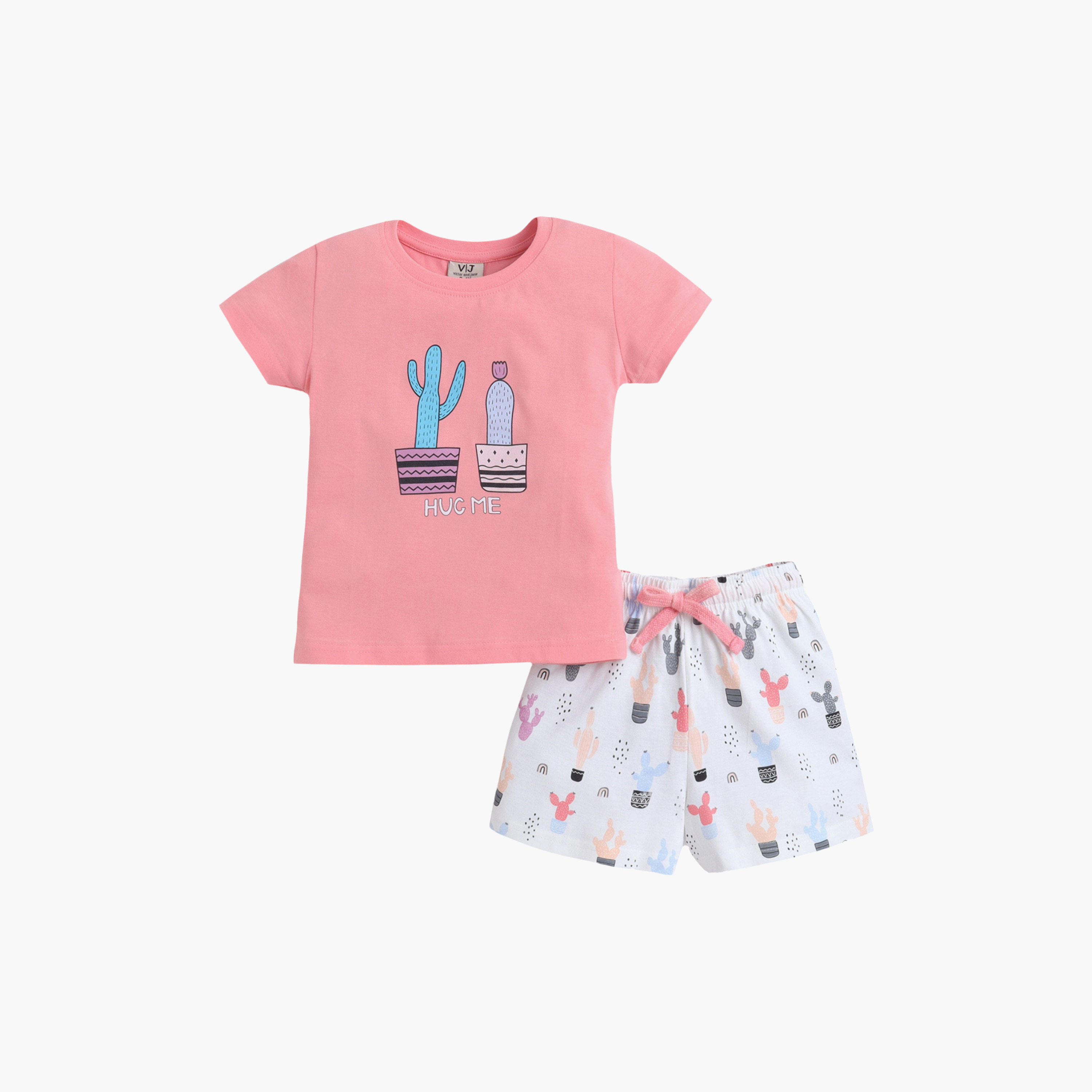 Victor and Jane Cactus Printed Cotton T-Shirt & Shorts Set-baby-girls-clothing-nightwear-pyjamasets-image-1