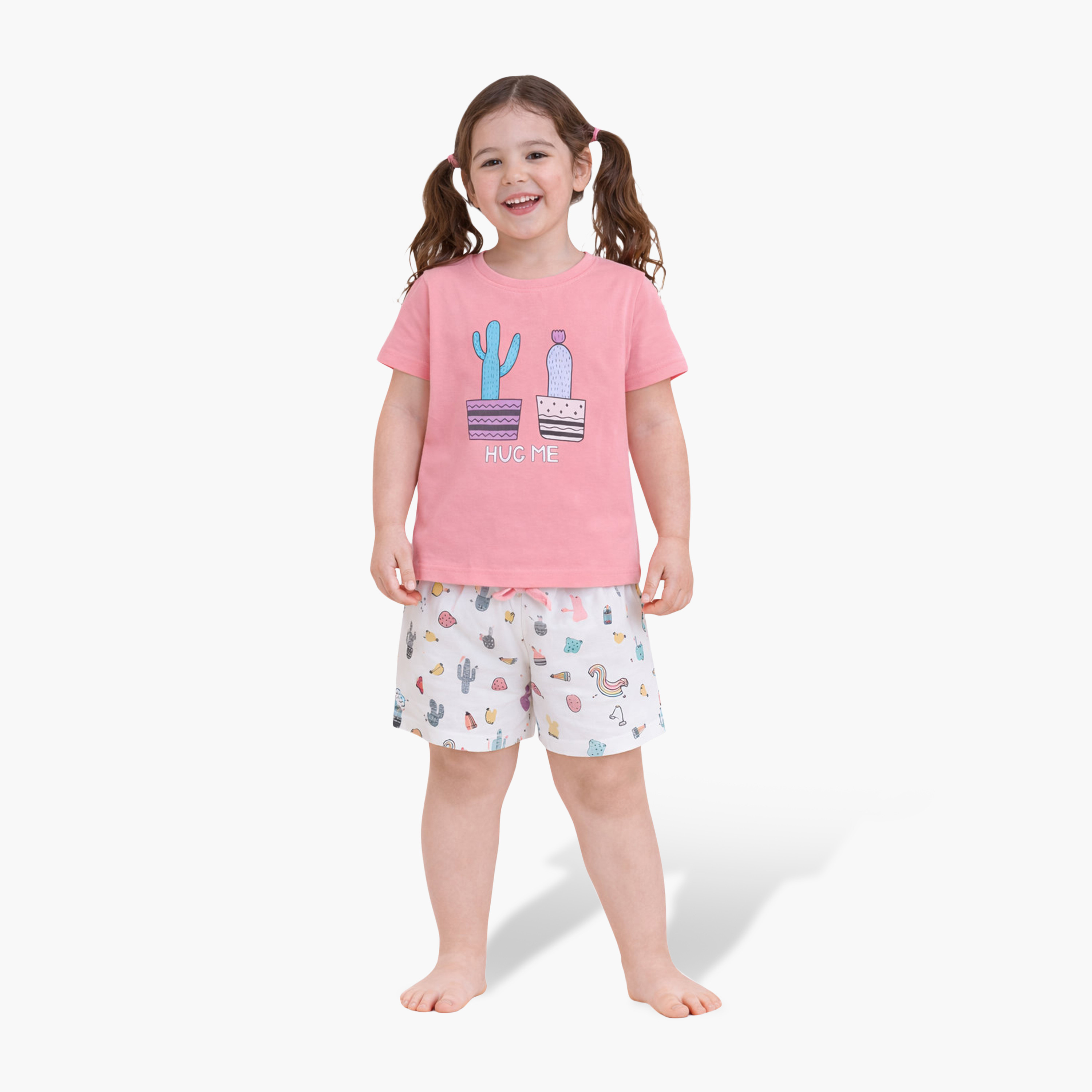 Victor and Jane Cactus Printed Cotton T-Shirt & Shorts Set-baby-girls-clothing-nightwear-pyjamasets-image-2