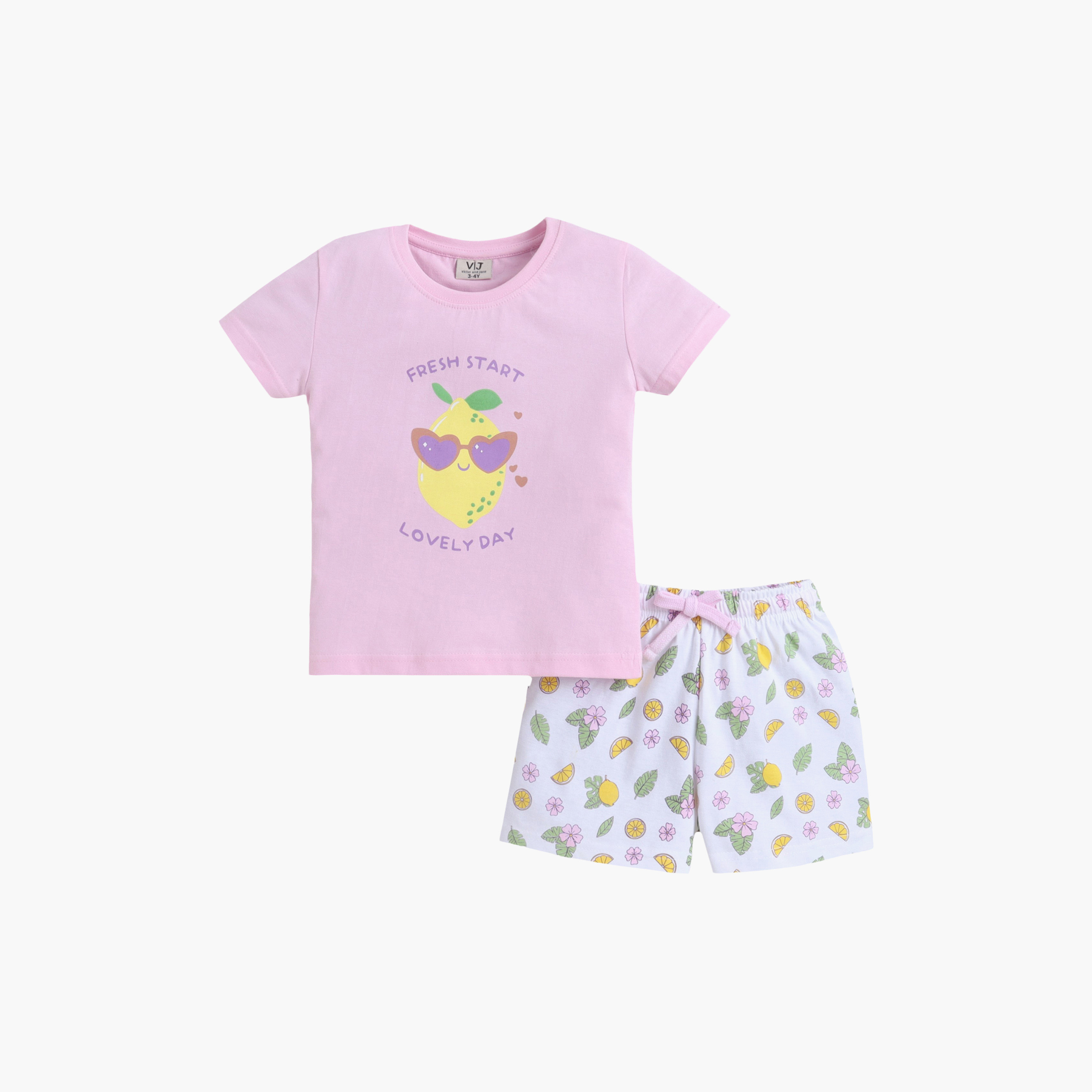 Victor and Jane Lemon Printed Cotton T-Shirt & Shorts Set-girls-clothing-setsandcoords-image-2