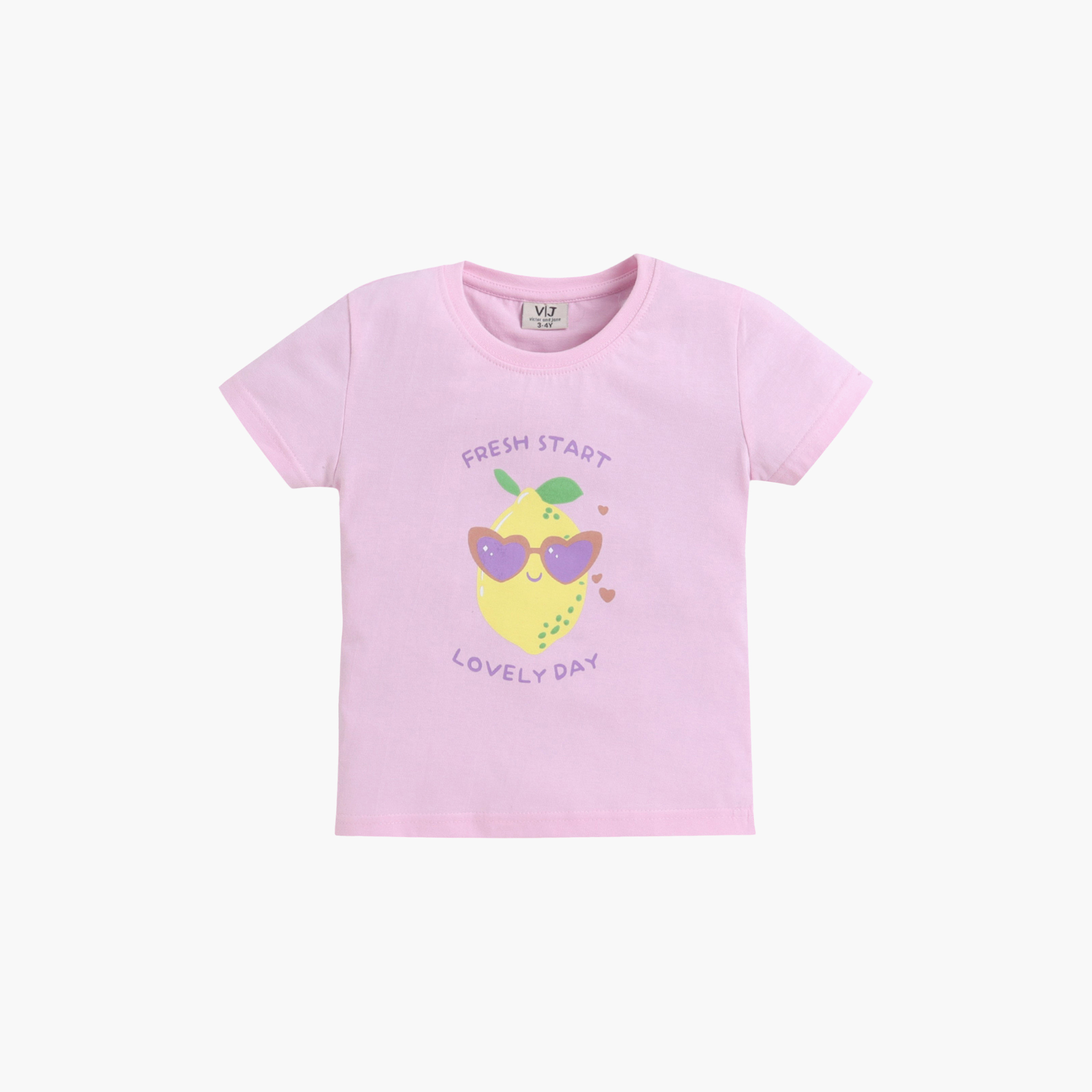 طقم تي شيرت قطني وشورت بطبعة ليمون من فيكتور آند جين-girls-clothing-setsandcoords-image-3