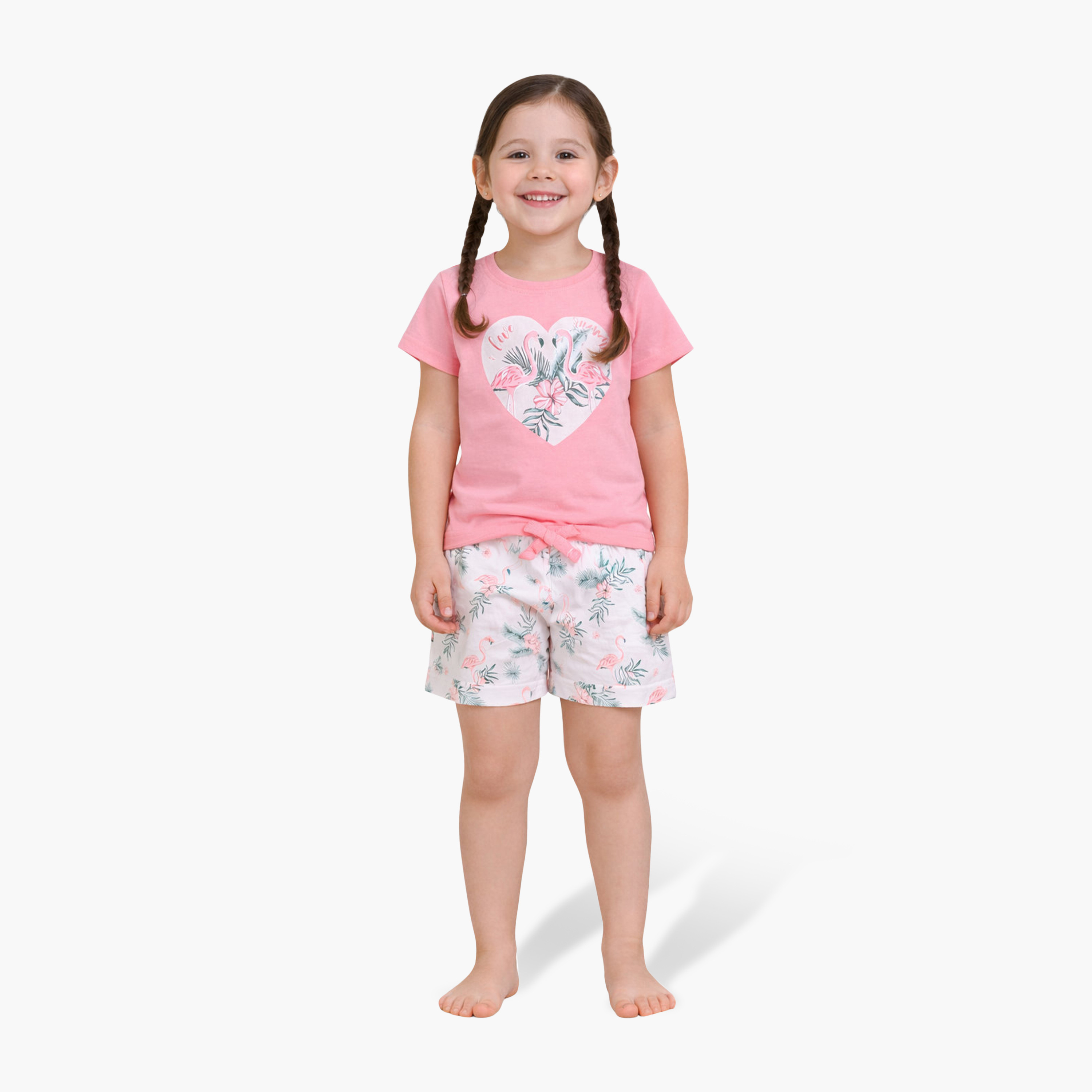 Victor and Jane Flamingo Printed Cotton T-Shirt & Shorts Set-girls-clothing-setsandcoords-image-1