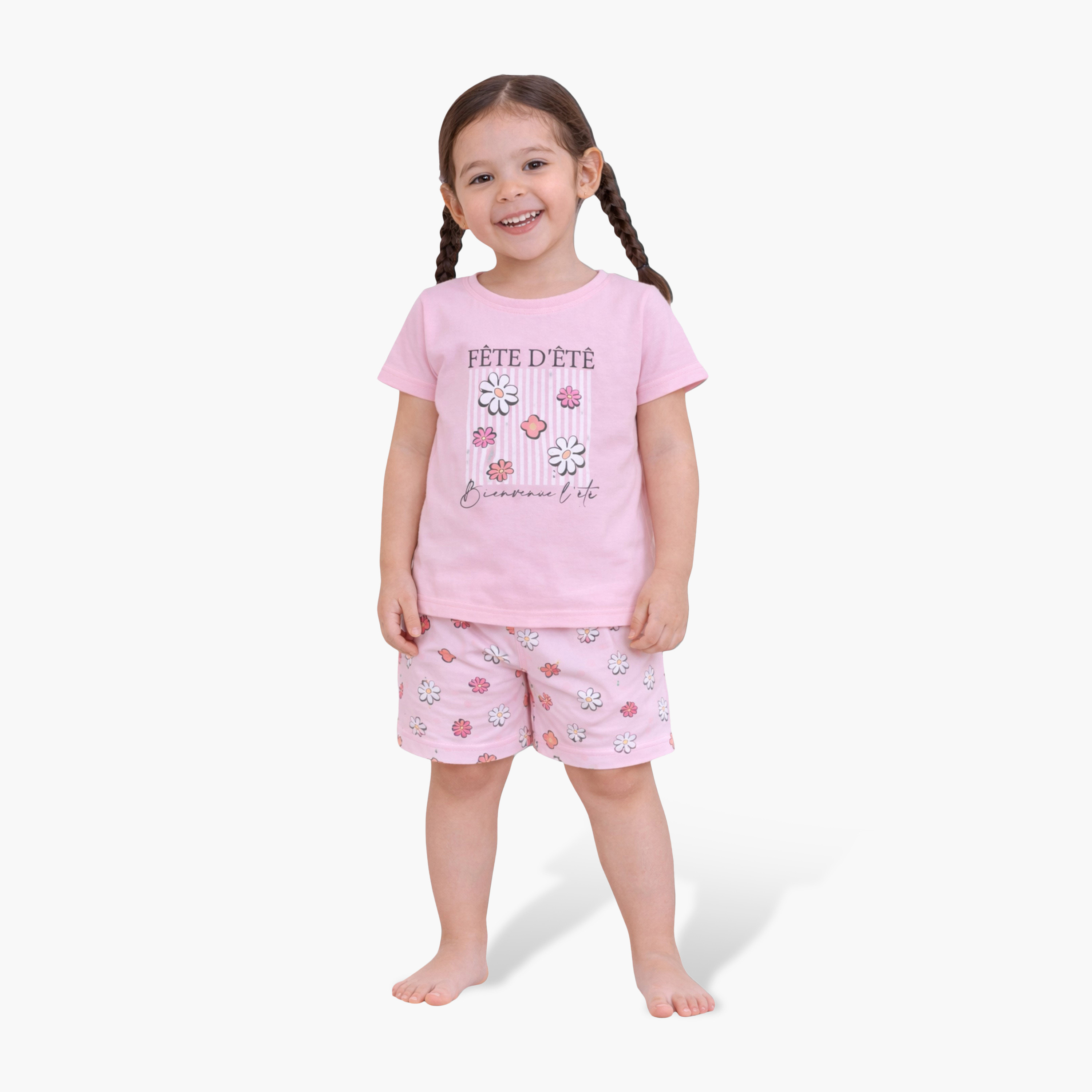 Victor and Jane Floral Printed Cotton T-Shirt & Shorts Set-baby-girls-clothing-nightwear-pyjamasets-image-1