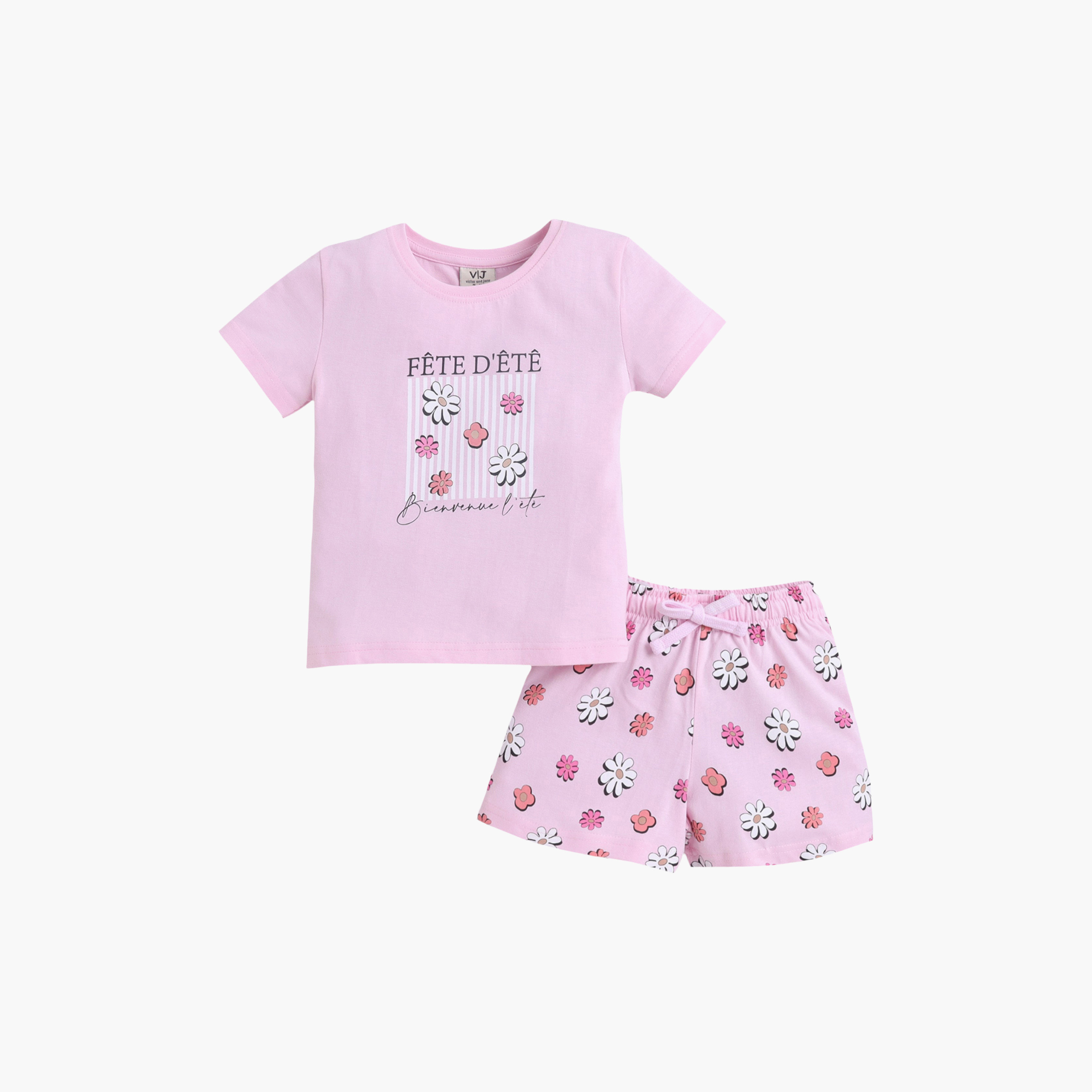 طقم تي شيرت قطني وشورت بطبعة زهور من فيكتور آند جين-girls-clothing-nightwear-image-2