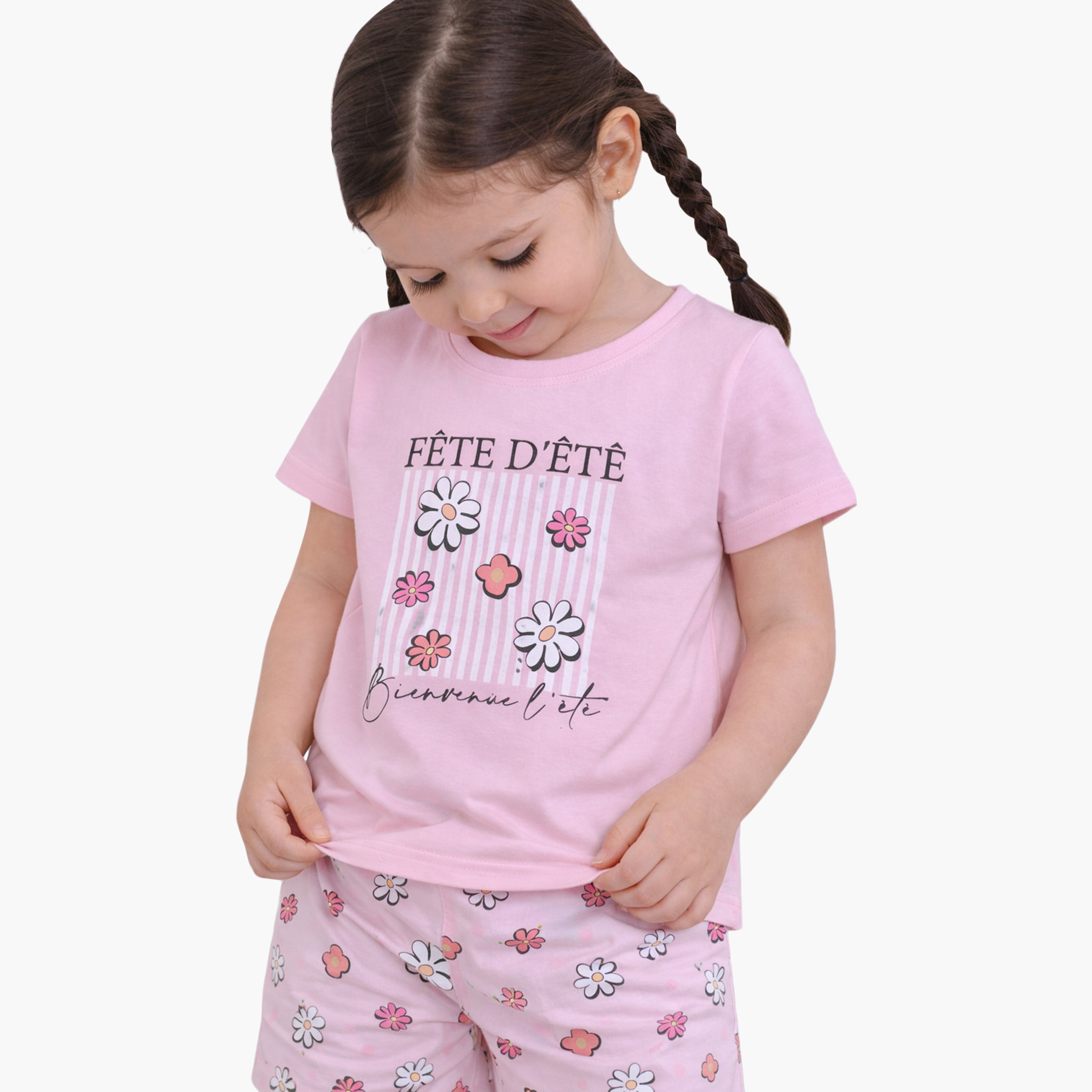 Victor and Jane Floral Printed Cotton T-Shirt & Shorts Set-baby-girls-clothing-nightwear-pyjamasets-image-5