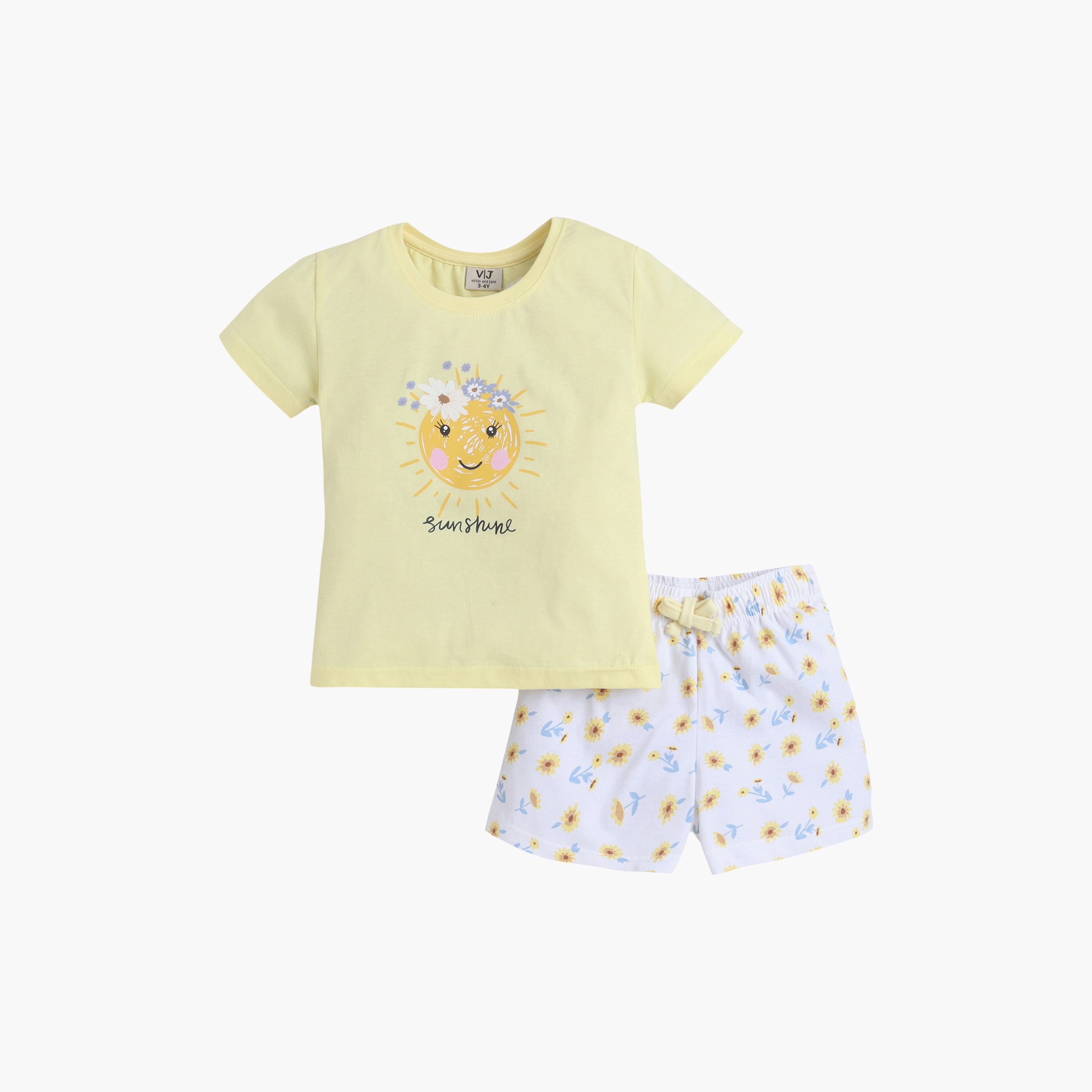 Victor and Jane Sunshine Printed Cotton T-Shirt & Shorts Set-baby-girls-clothing-nightwear-pyjamasets-image-2