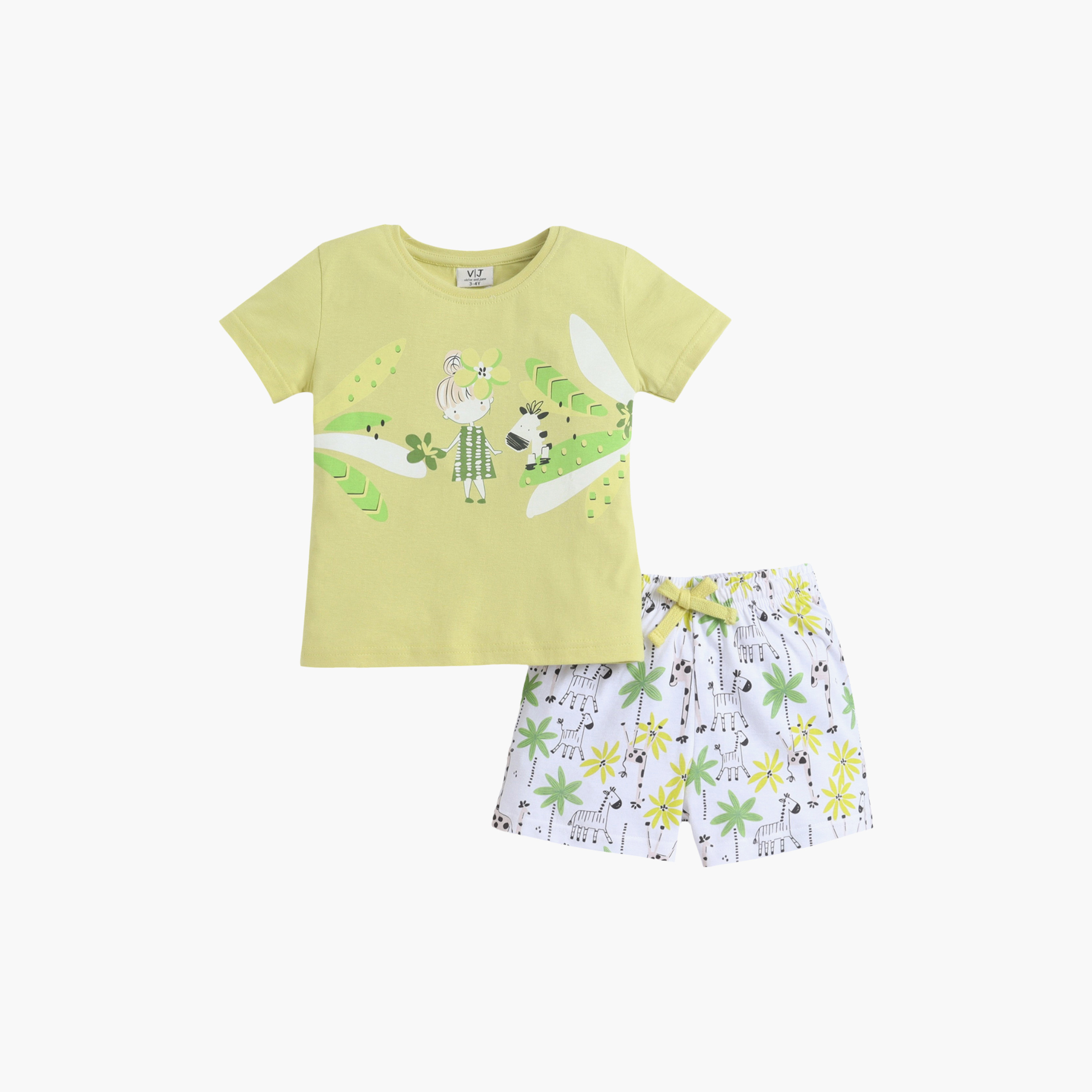 Victor and Jane Nature Printed Cotton T-Shirt & Shorts Set-baby-girls-clothing-nightwear-pyjamasets-image-1