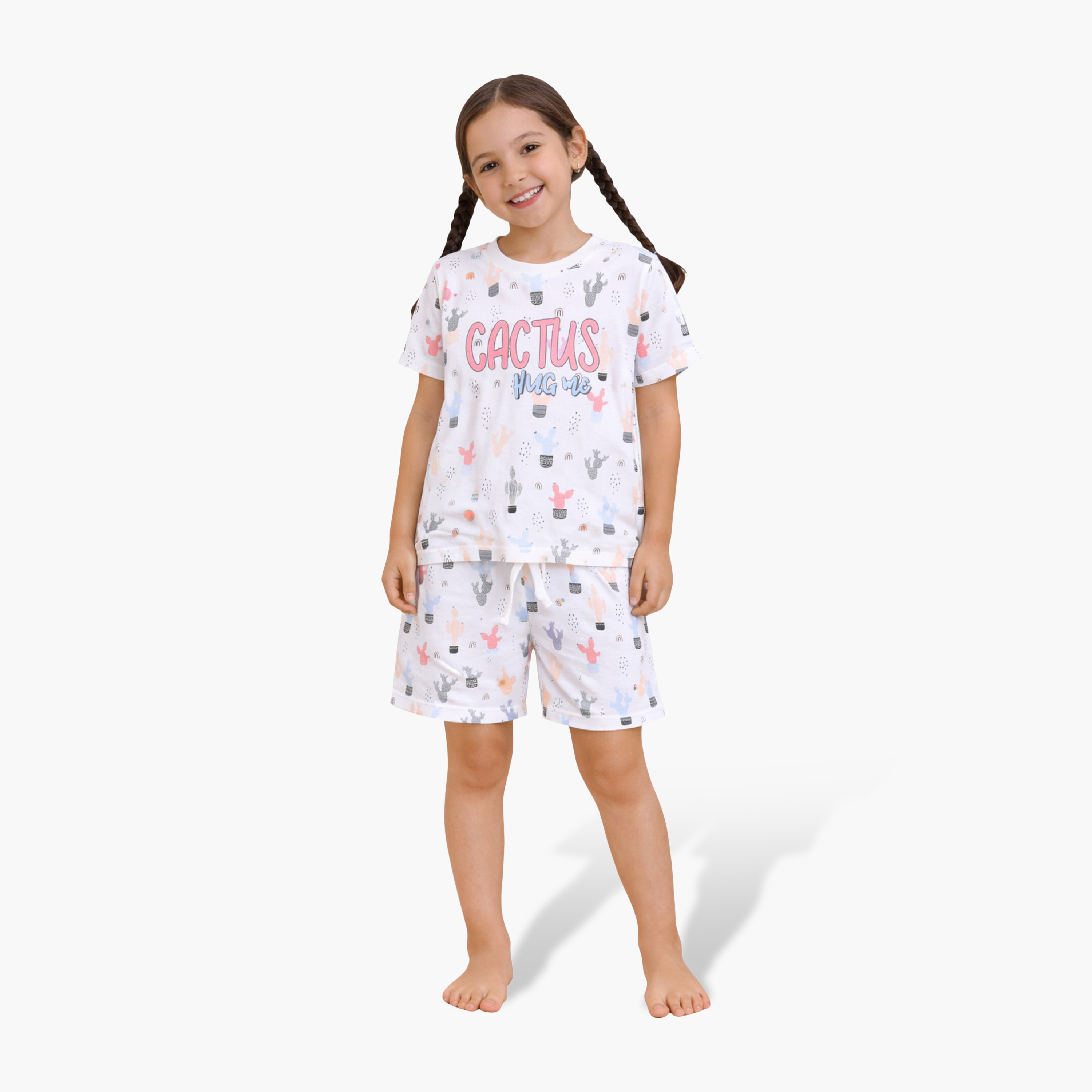 Victor and Jane Cactus Print Cotton T-Shirt & Shorts Set-baby-girls-clothing-nightwear-pyjamasets-image-1