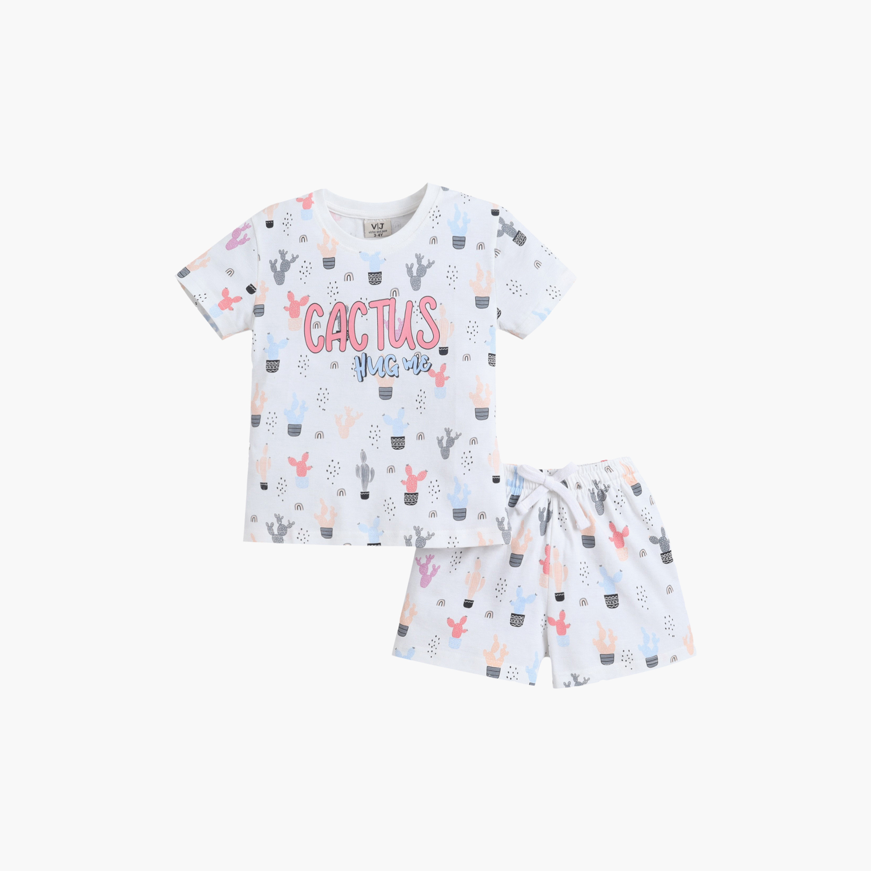 طقم تي شيرت قطني وشورت بطبعة صبار من فيكتور آند جين-girls-clothing-nightwear-image-2