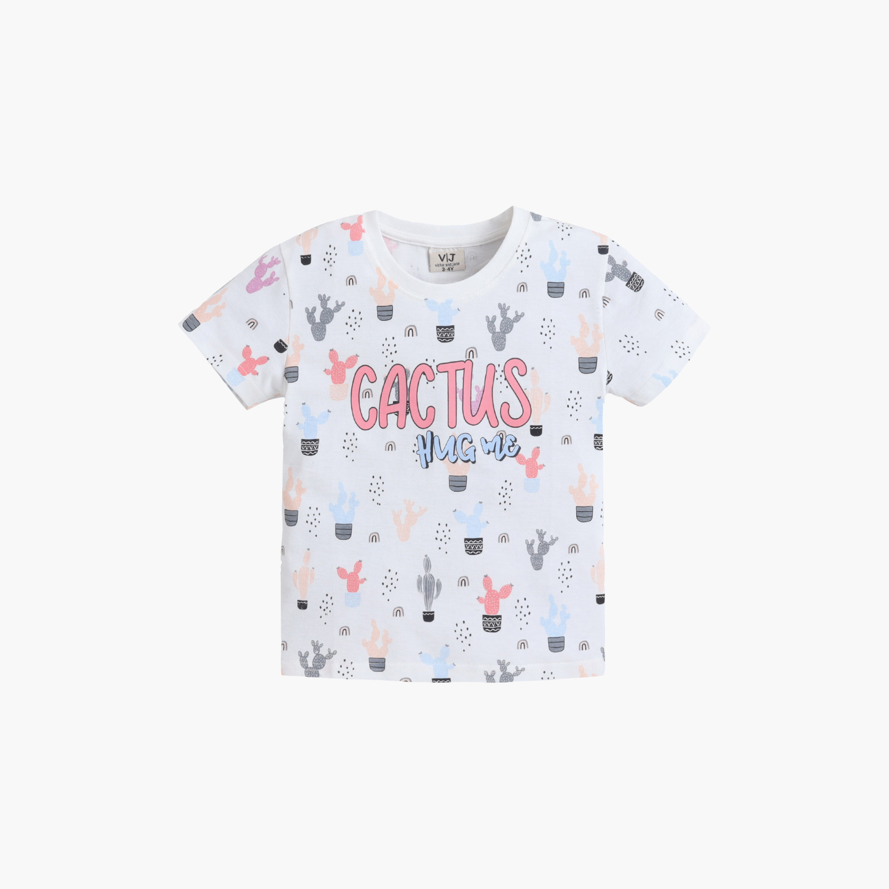 طقم تي شيرت قطني وشورت بطبعة صبار من فيكتور آند جين-girls-clothing-nightwear-image-3