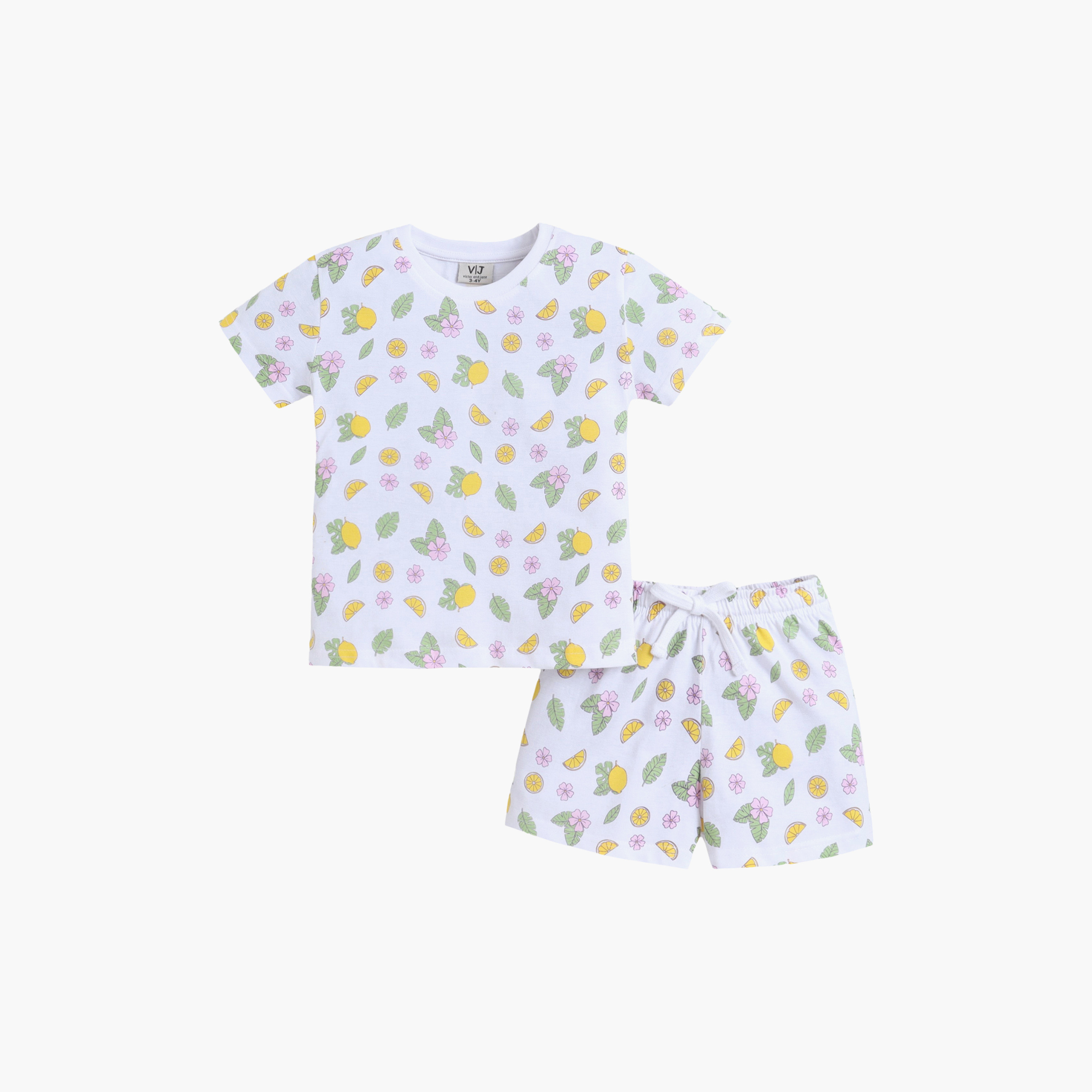 Victor and Jane Lemon Printed Cotton T-Shirt & Shorts Set-baby-girls-clothing-nightwear-pyjamasets-image-2