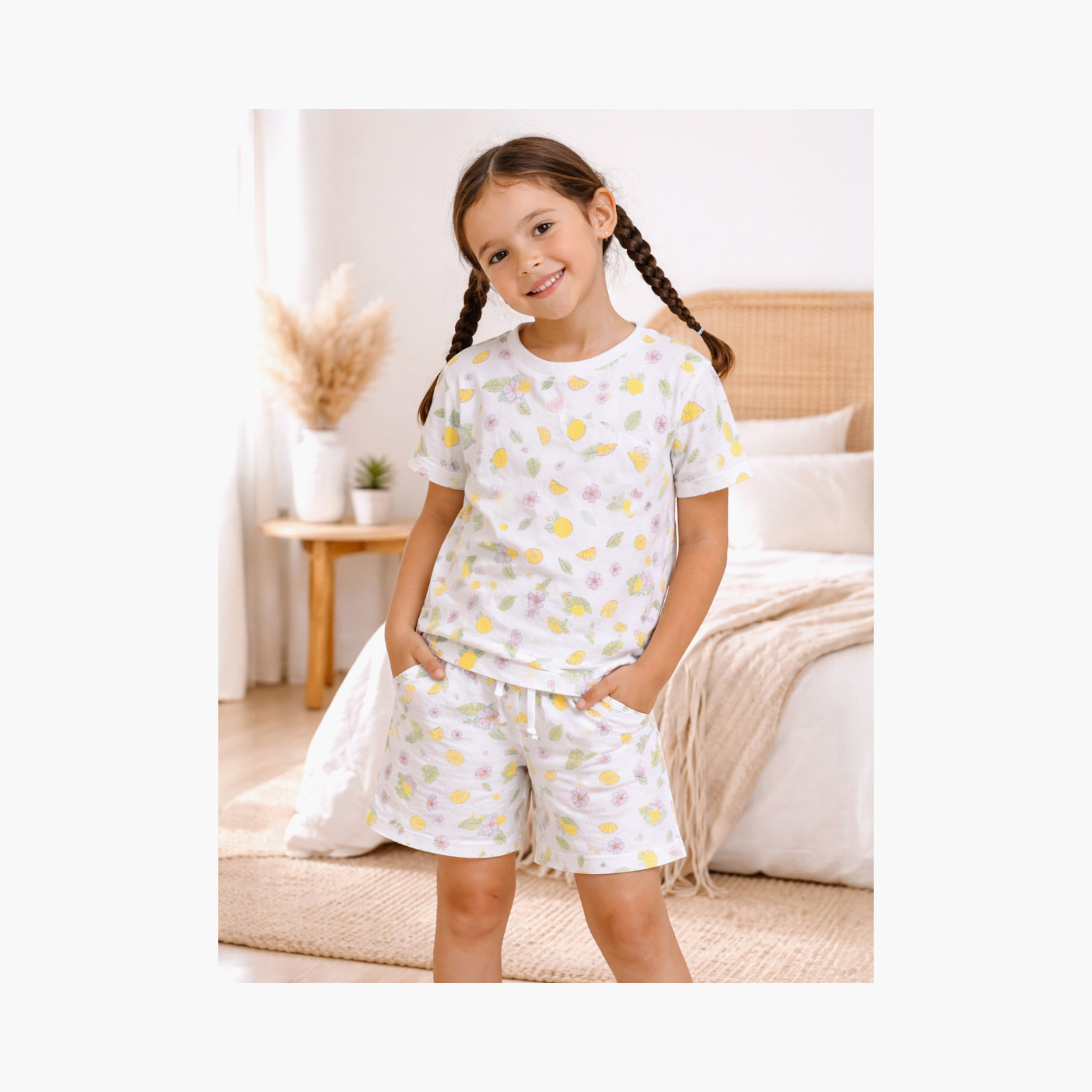 Victor and Jane Lemon Printed Cotton T-Shirt & Shorts Set-baby-girls-clothing-nightwear-pyjamasets-image-5