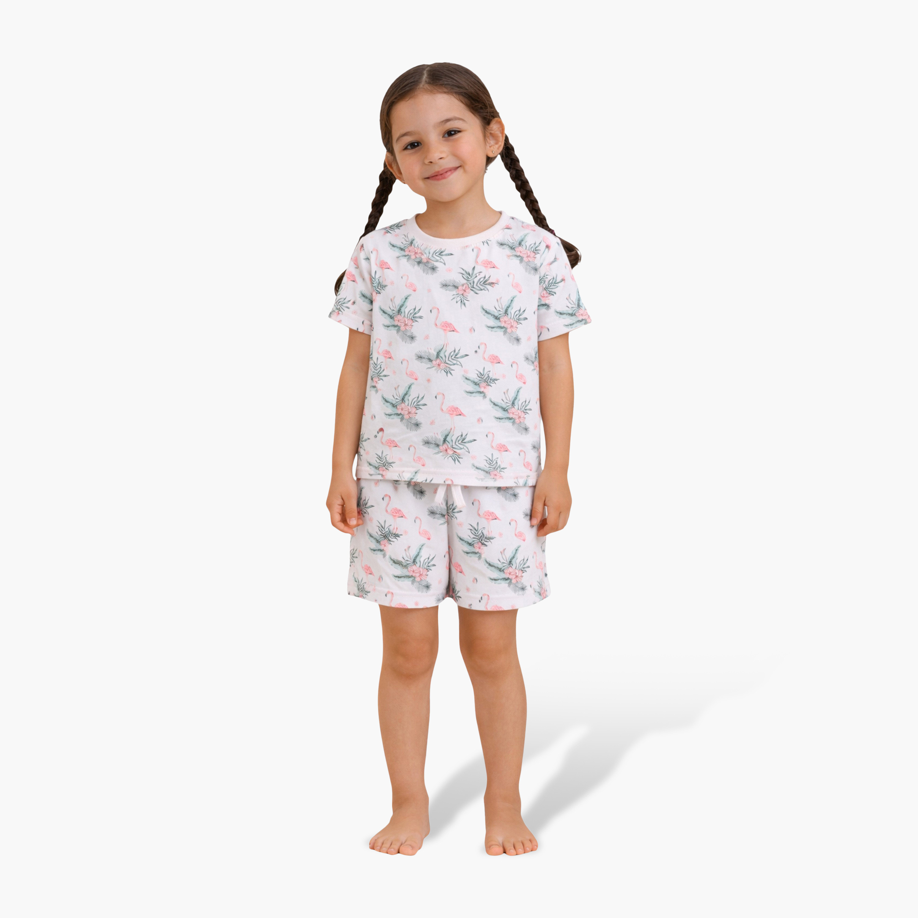 طقم تي شيرت قطني وشورت بطبعة فلامينغو من فيكتور آند جين-girls-clothing-nightwear-image-1