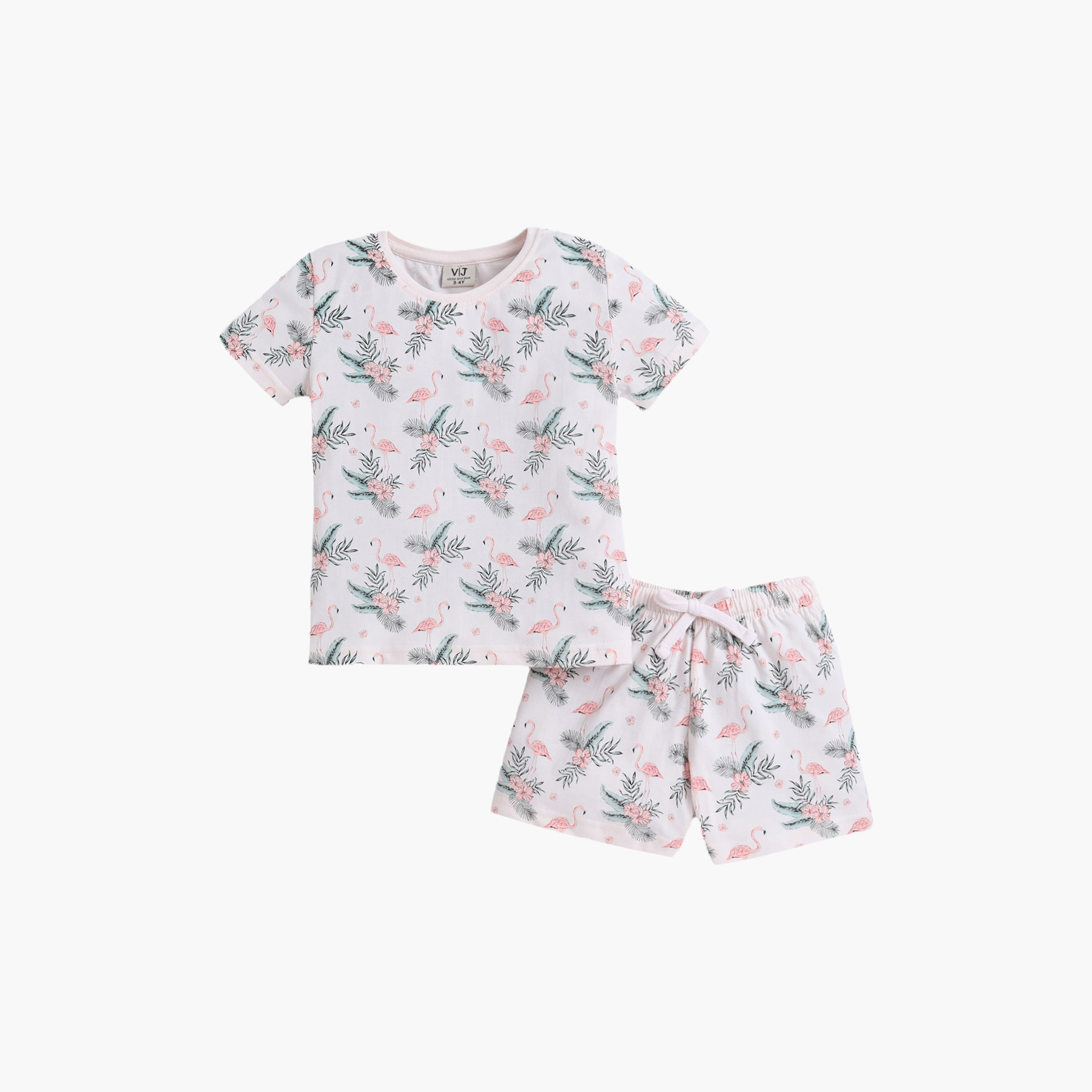 Victor and Jane Flamingo Printed Cotton T-Shirt & Shorts Set-girls-clothing-nightwear-image-2