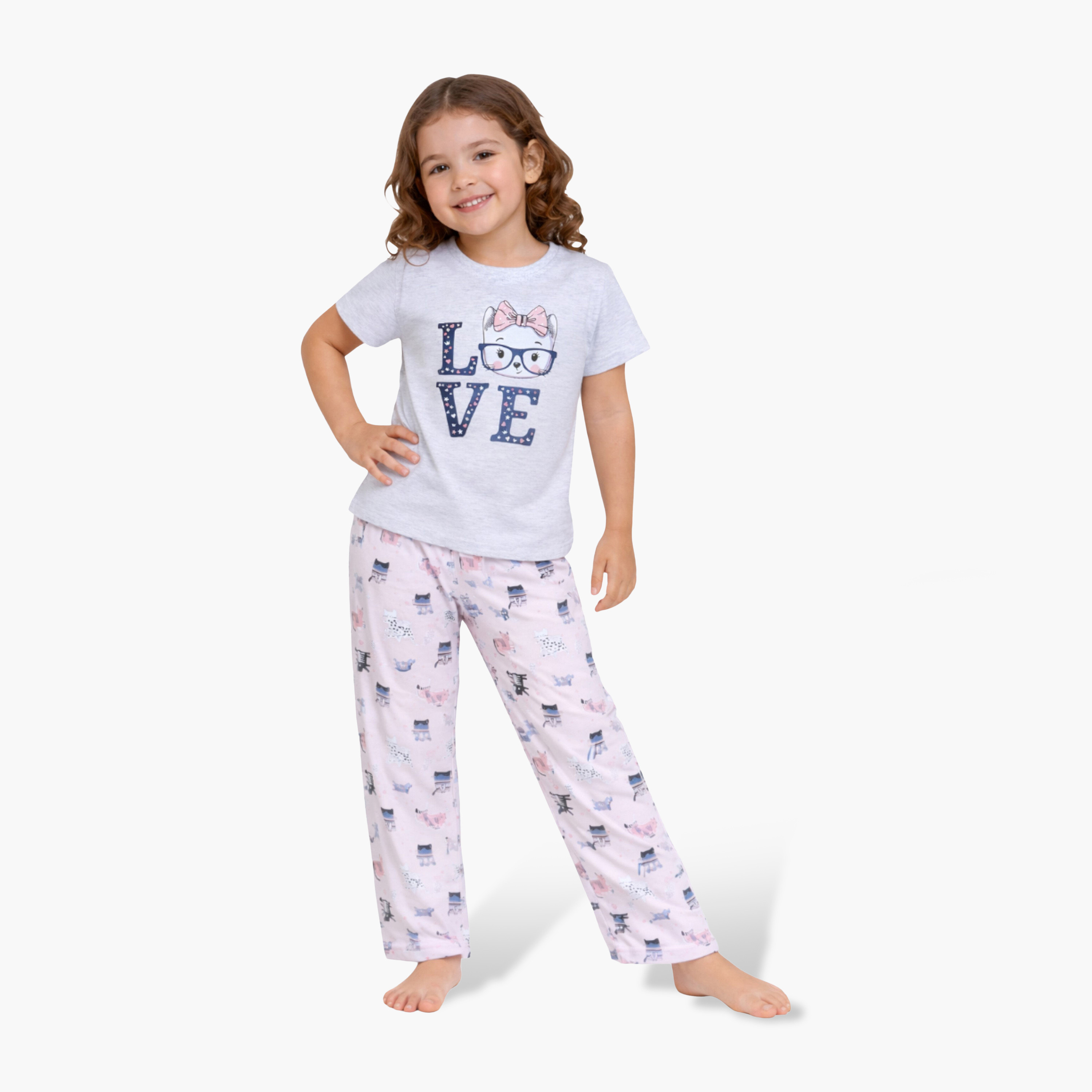 Victor and Jane LOVE Printed Cotton T-Shirt & Pajama Set-baby-girls-clothing-nightwear-pyjamasets-image-1