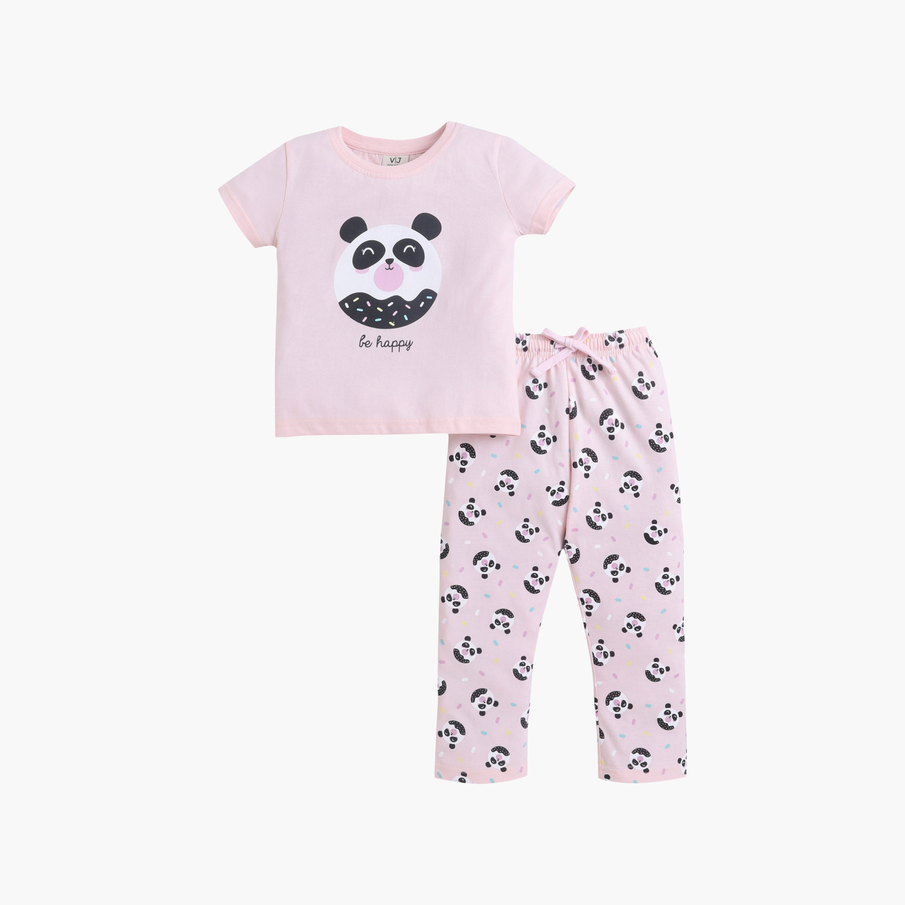 طقم تي شيرت قطني وبيجامة بطبعة باندا من فيكتور آند جين-girls-clothing-nightwear-image-2