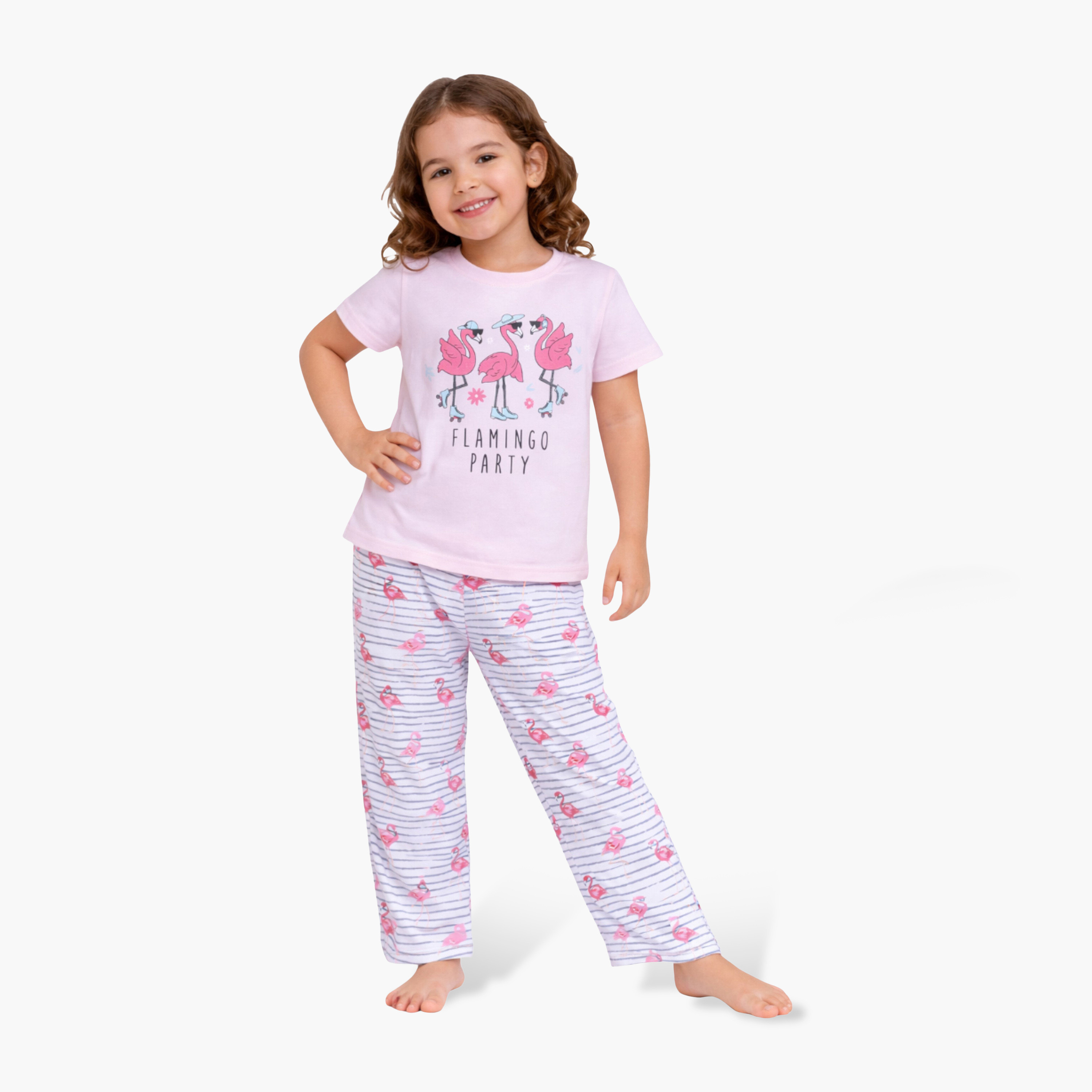 طقم تي شيرت قطني وبيجامة بطبعة فلامينغو من فيكتور آند جين-girls-clothing-nightwear-image-1