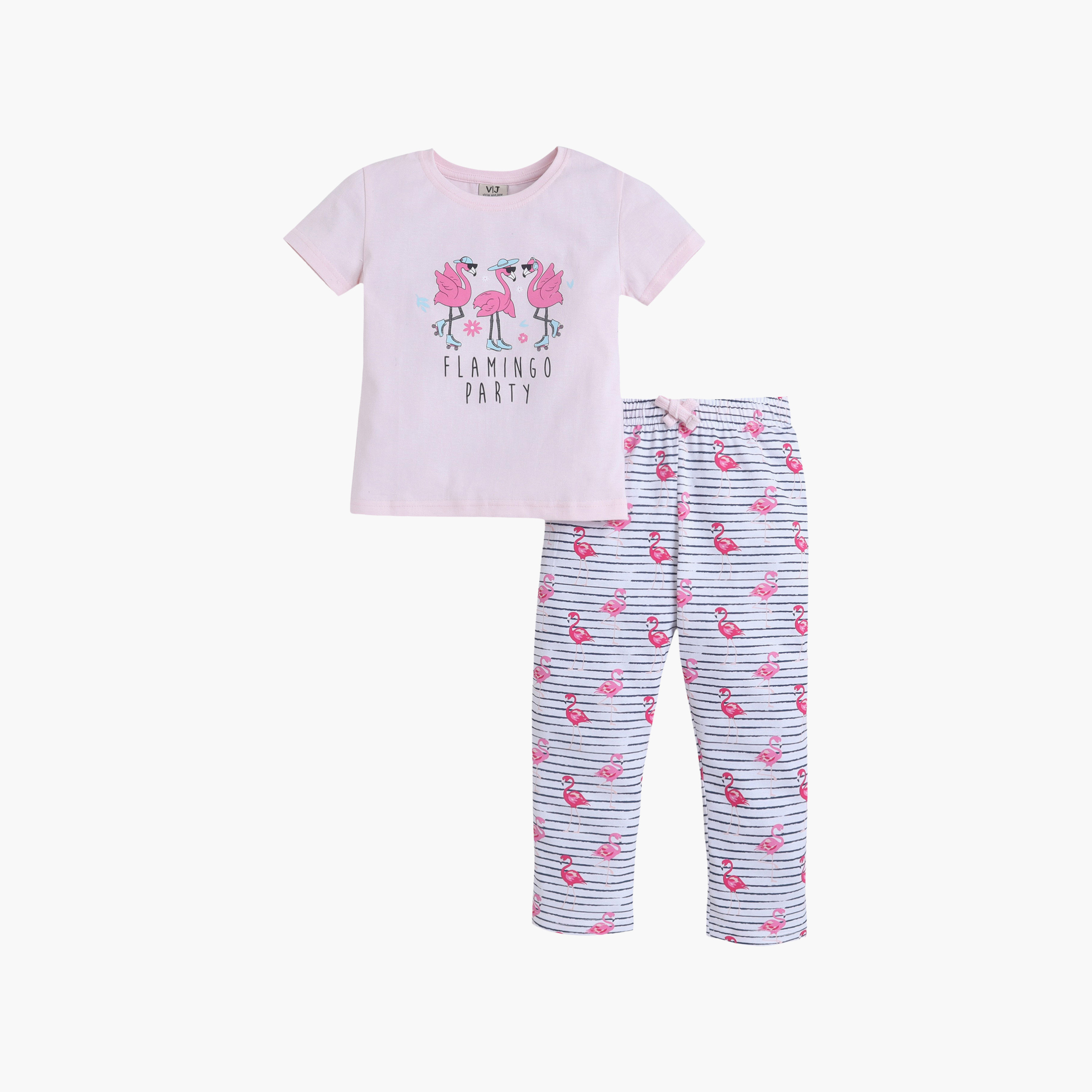 Victor and Jane Flamingo Printed Cotton T-Shirt & Pajama Set-baby-girls-clothing-nightwear-pyjamasets-image-2