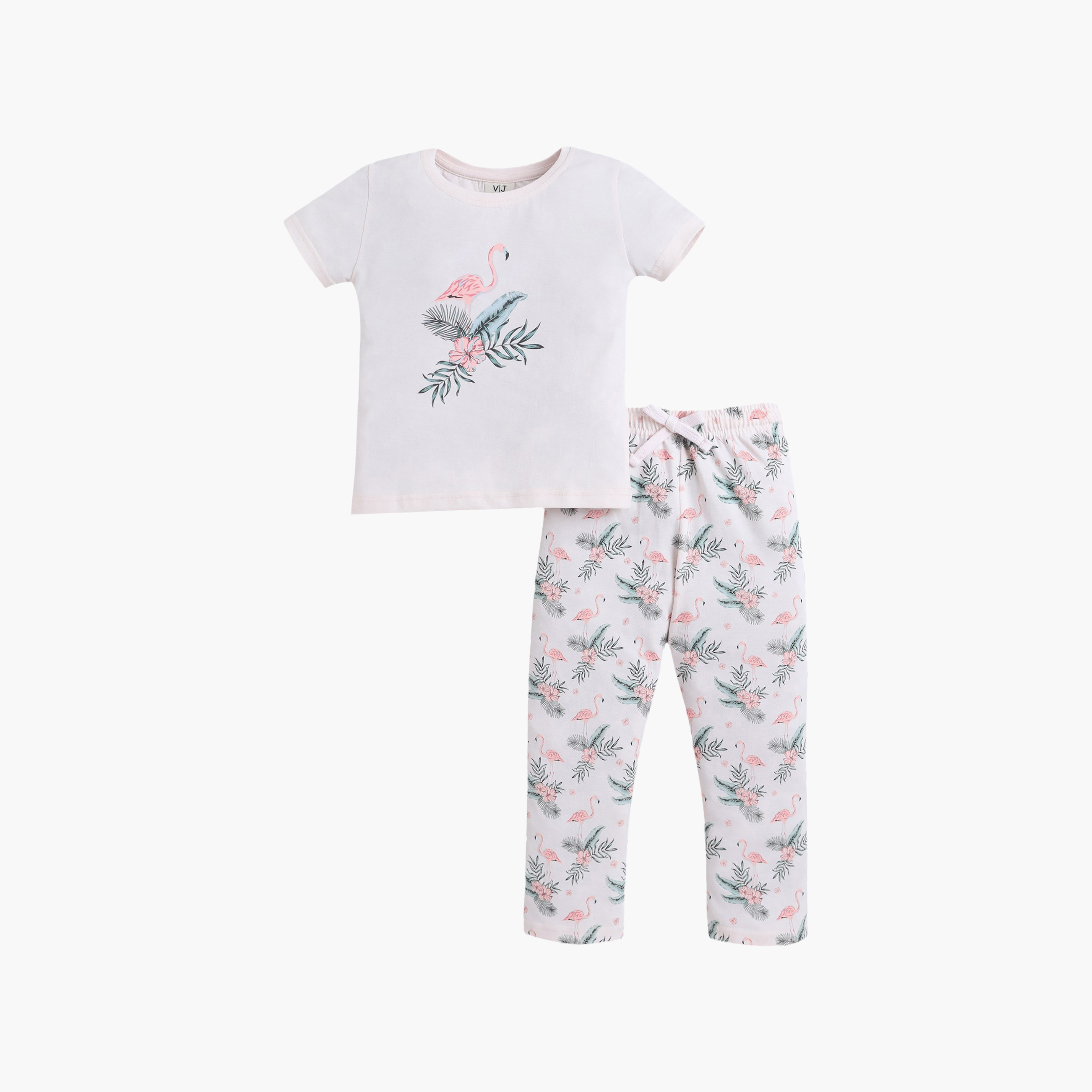 Victor and Jane Flamingo Printed Cotton T-Shirt & Pajama Set-girls-clothing-nightwear-image-2