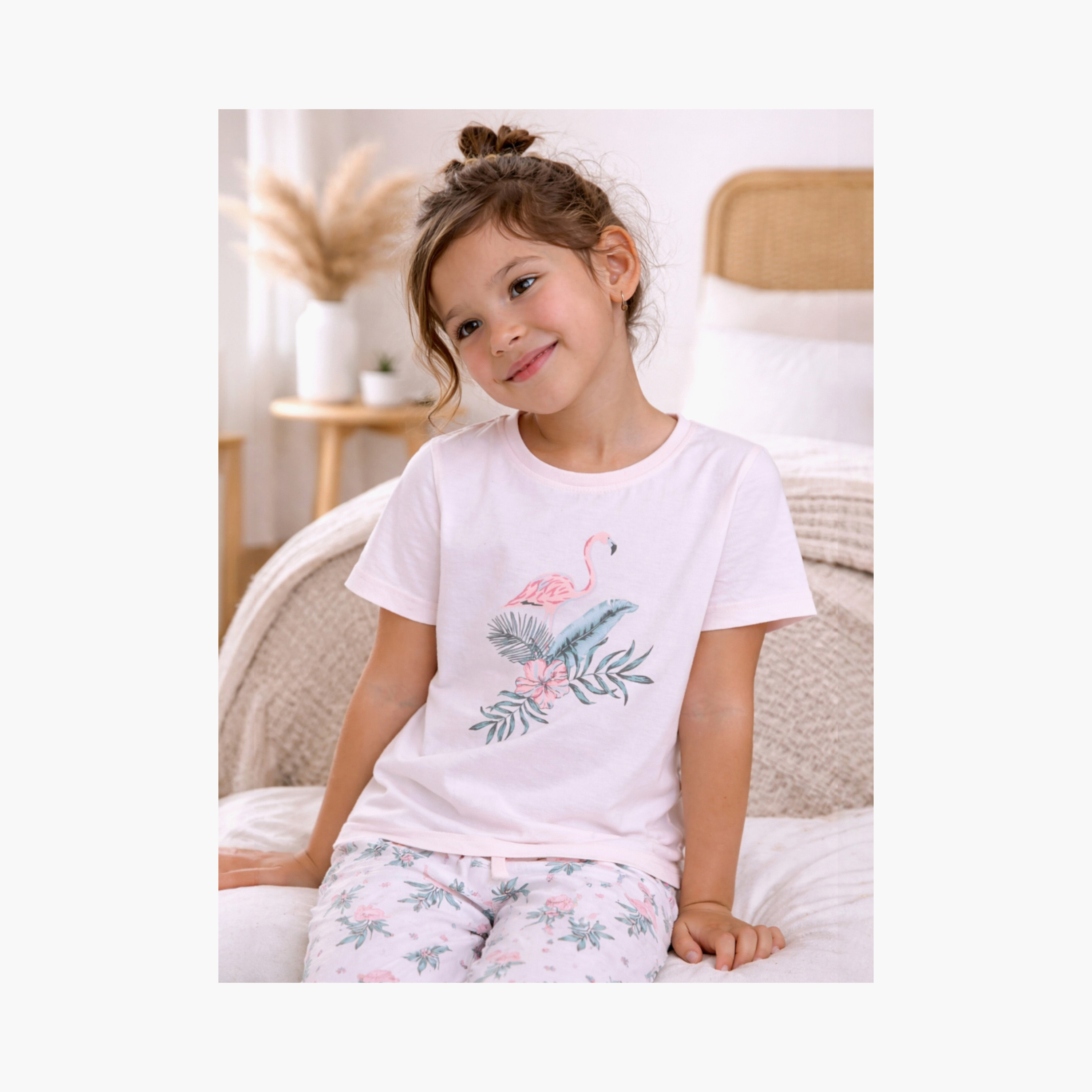 Victor and Jane Flamingo Printed Cotton T-Shirt & Pajama Set-girls-clothing-nightwear-image-5