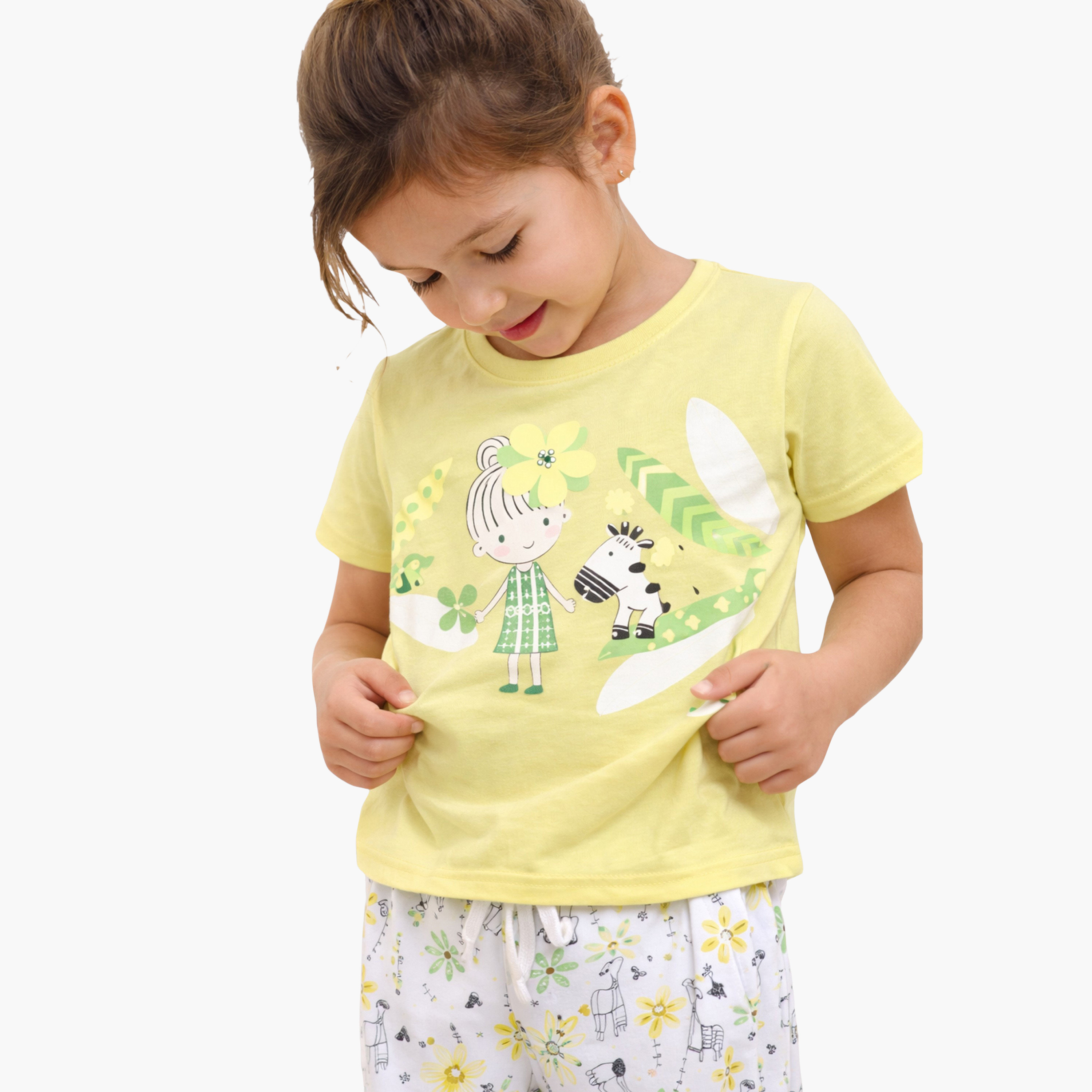 طقم تي شيرت قطني وبيجامة بطبعة من الطبيعة من فيكتور آند جين-baby-girls-clothing-nightwear-pyjamasets-image-5