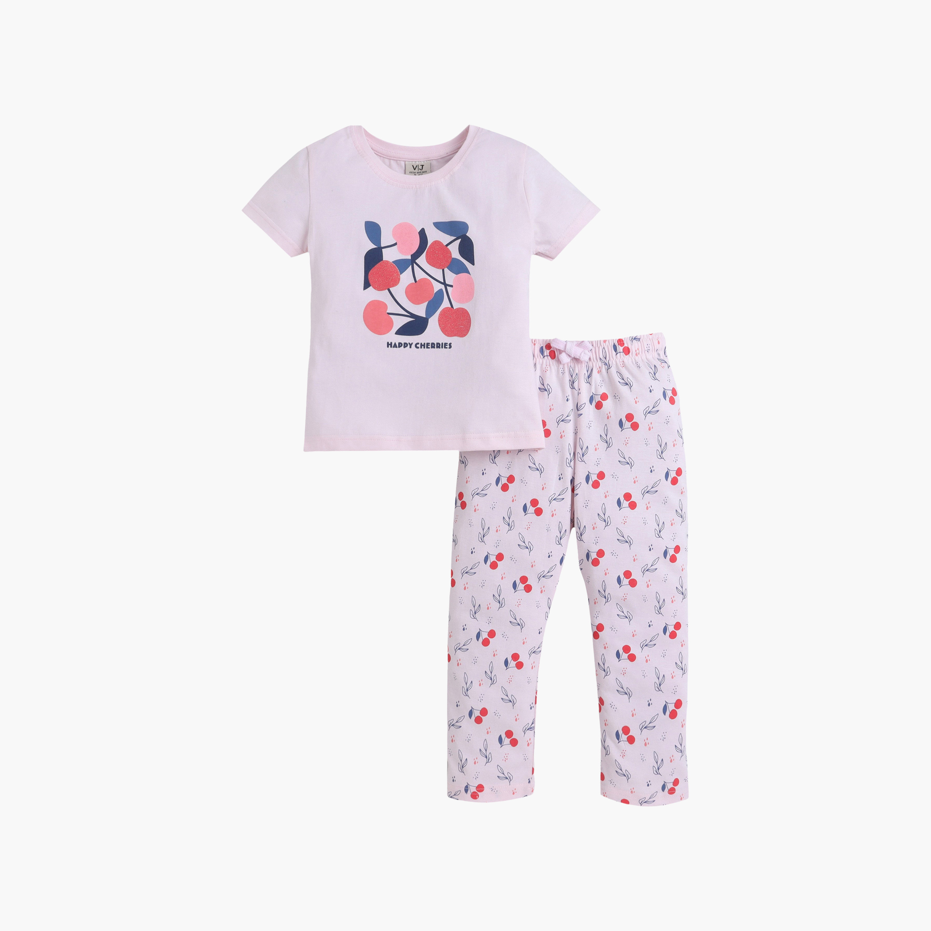 طقم تي شيرت قطني وبيجامة بطبعة كرز من فيكتور آند جين-baby-girls-clothing-nightwear-pyjamasets-image-2