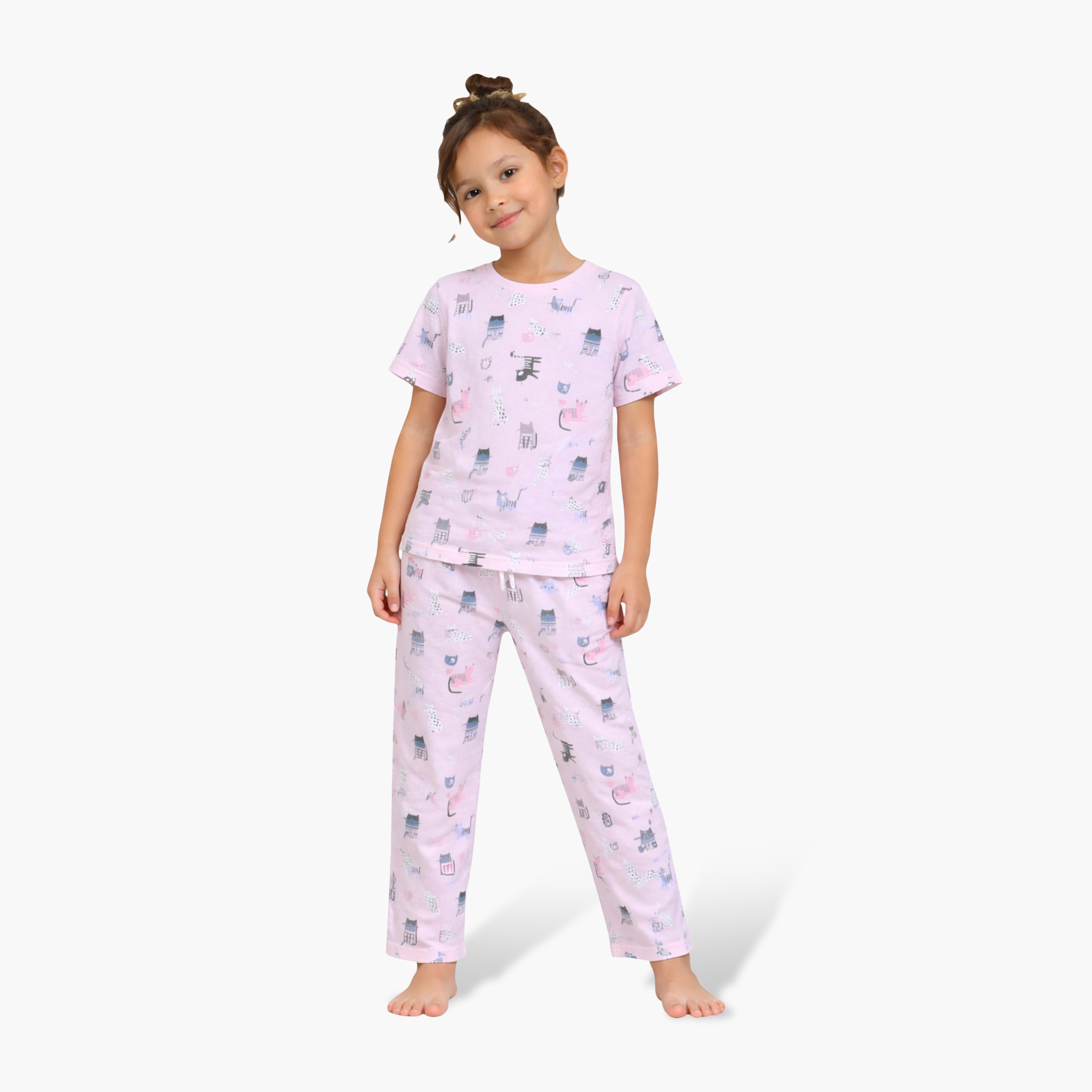 طقم تي شيرت قطني وبيجامة بطبعة قطة من فيكتور آند جين-baby-girls-clothing-nightwear-pyjamasets-image-1