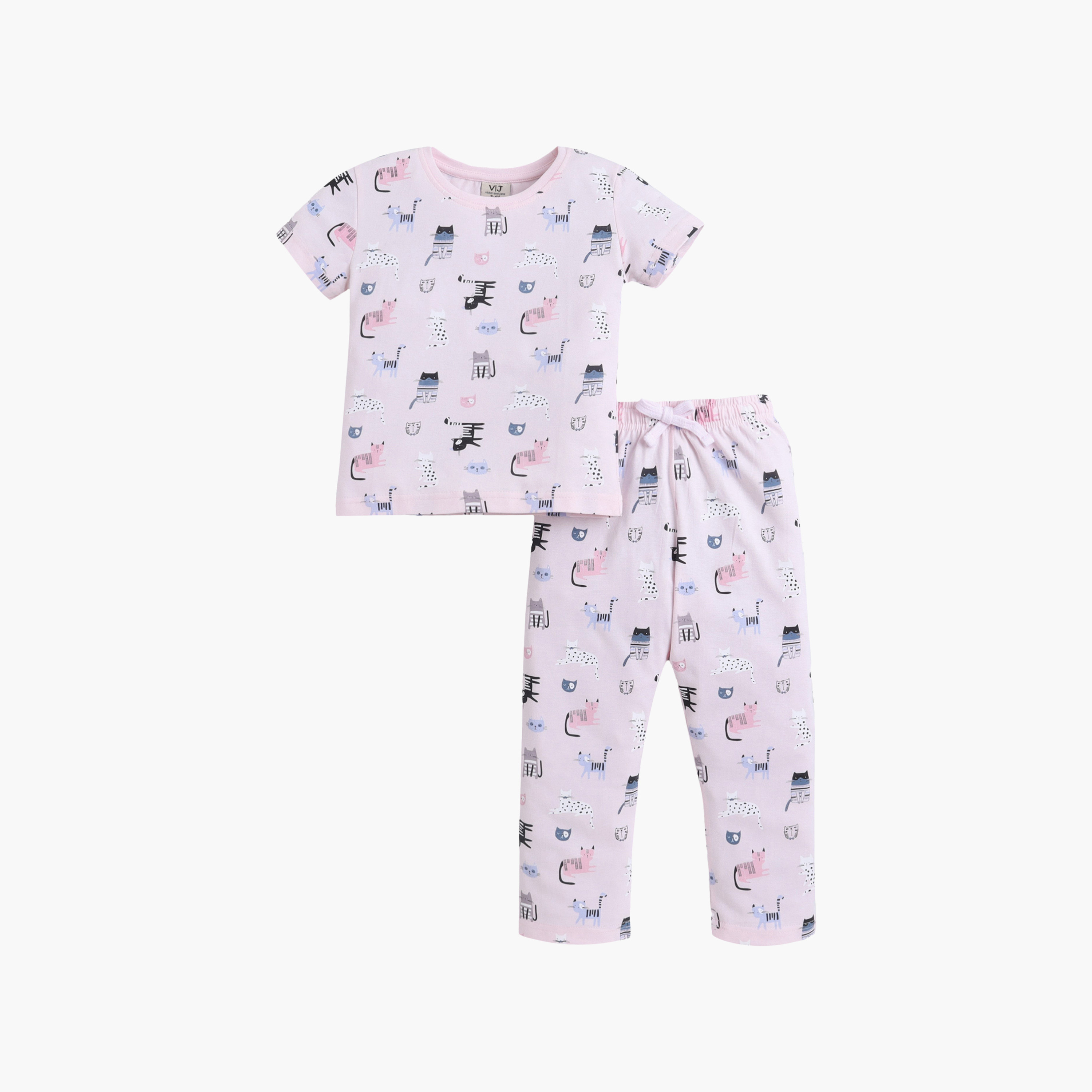 Victor and Jane Cat Printed Cotton T-Shirt & Pajama Set-baby-girls-clothing-nightwear-pyjamasets-image-2